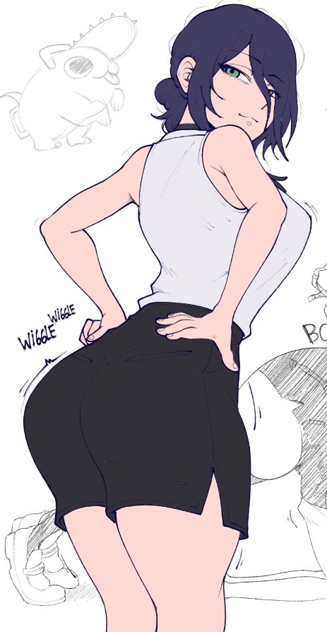 1girls, bare shoulders, big ass, big breasts, black choker, black hair, breasts, chainsaw man, female, female only, green eyes, hand on hip, large breasts, looking at viewer, looking back, medium hair, no nostrils, reze (chainsaw man), skirt, sleeveless, thin eyebrows, tidal (artist), white background, wip, work in progress