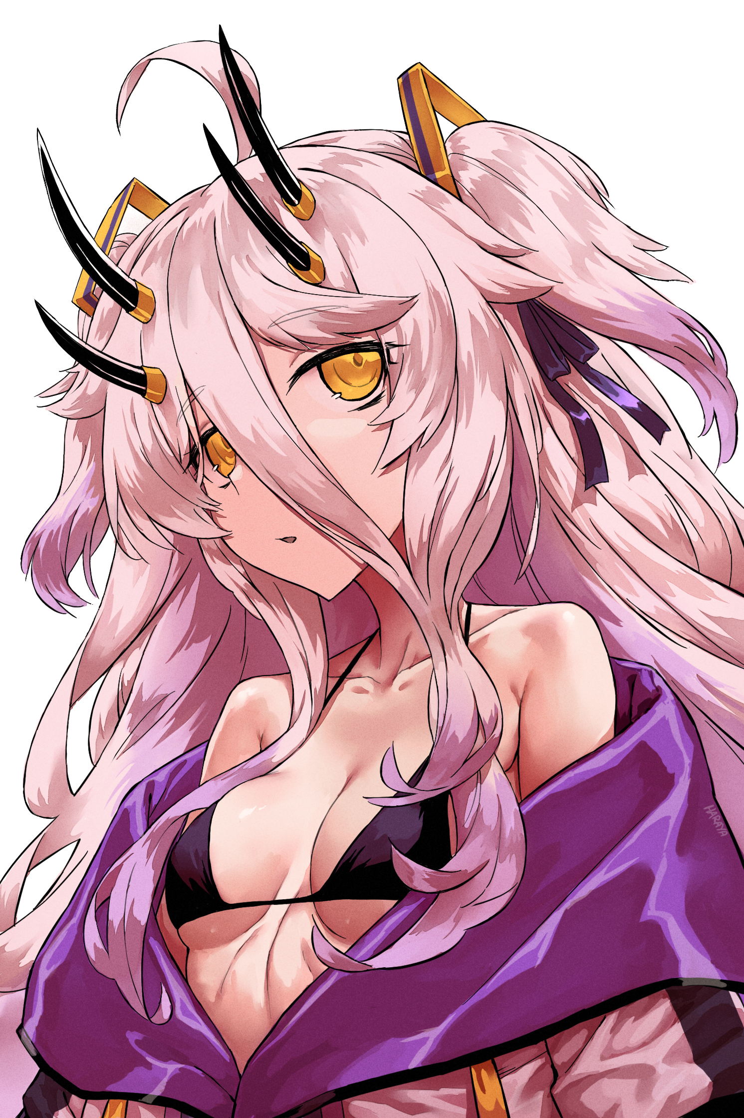 ahoge, black bra, black horns, bra, breasts, dress, female, gradient hair, grey hair, hair between eyes, hair ornament, haraya manawari, henya the genius, henya the genius (1st costume), highres, horns, indie virtual youtuber, jacket, long bangs, long hair, looking at viewer, multicolored hair, purple dress, purple hair, purple jacket, purple ribbon, ribbon, sidelocks, small breasts, solo, two side up, underwear, virtual youtuber, yellow eyes