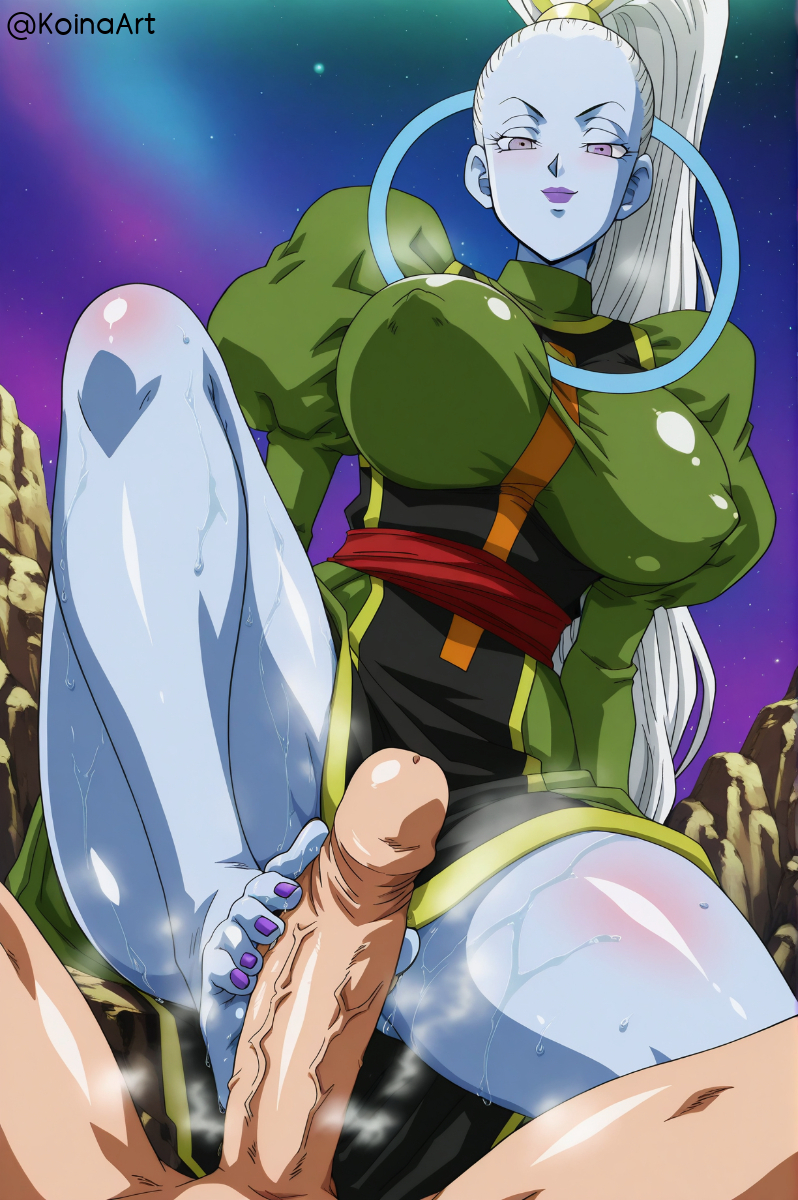 ai generated, big breasts, dragon ball, dragon ball super, dragon ball z, female, female domination, femdom, foot fetish, footjob, highres, huge breasts, koinaart, looking down, looking down at viewer, master roshi, patreon, penis, perky breasts, ponytail, pov, smiling, smirk, smug, stable diffusion, thick ass, thick thighs, tournament of power, vados, voluptuous, voluptuous female, white hair