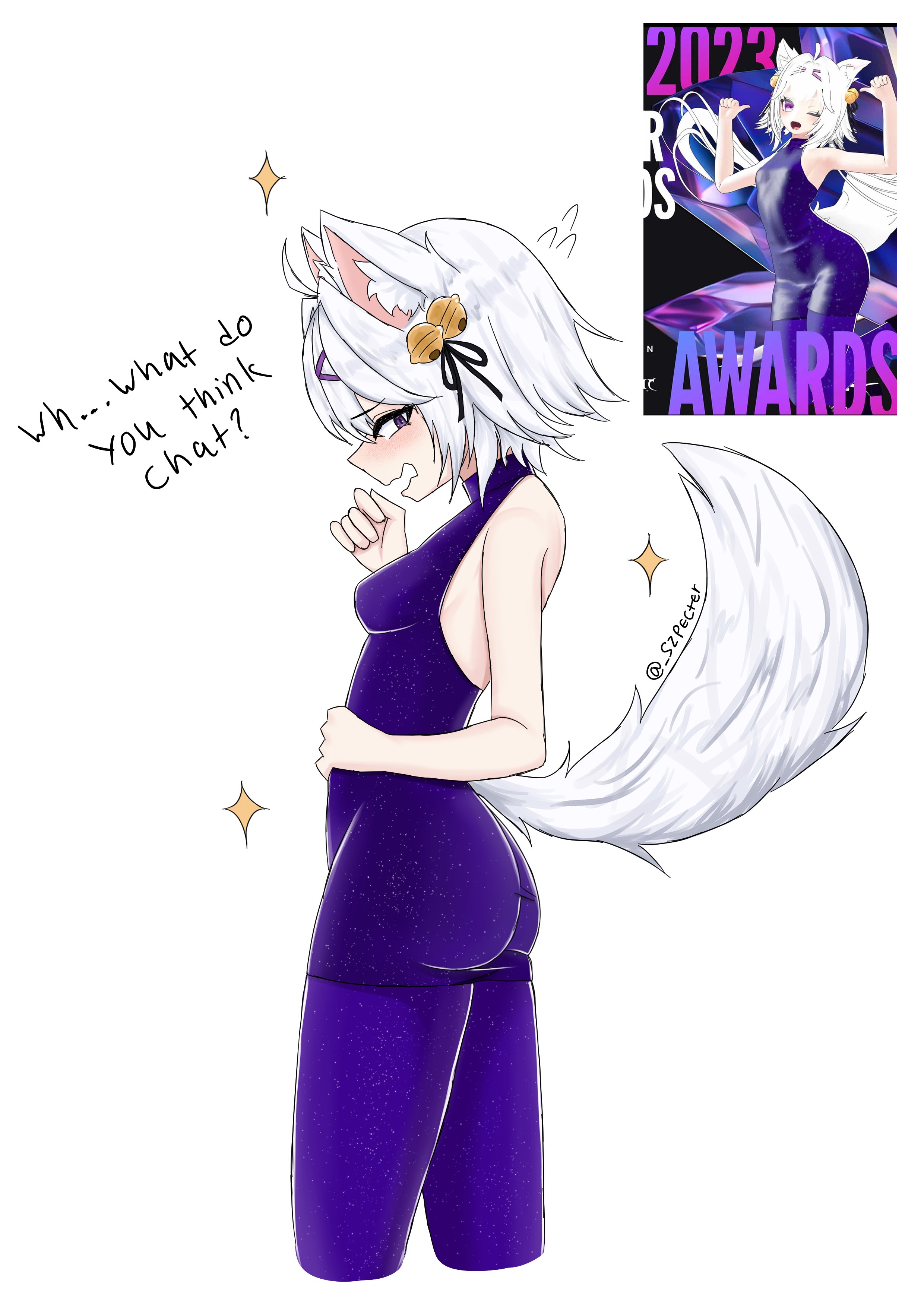 1girls, animal ears, ass, dress, female, filian, filian (vtuber), indie virtual youtuber, nervous, rindo (vrchat), small breasts, szpecter, tail, tight clothing, virgin, virtual youtuber, vrchat, vtuber, white hair