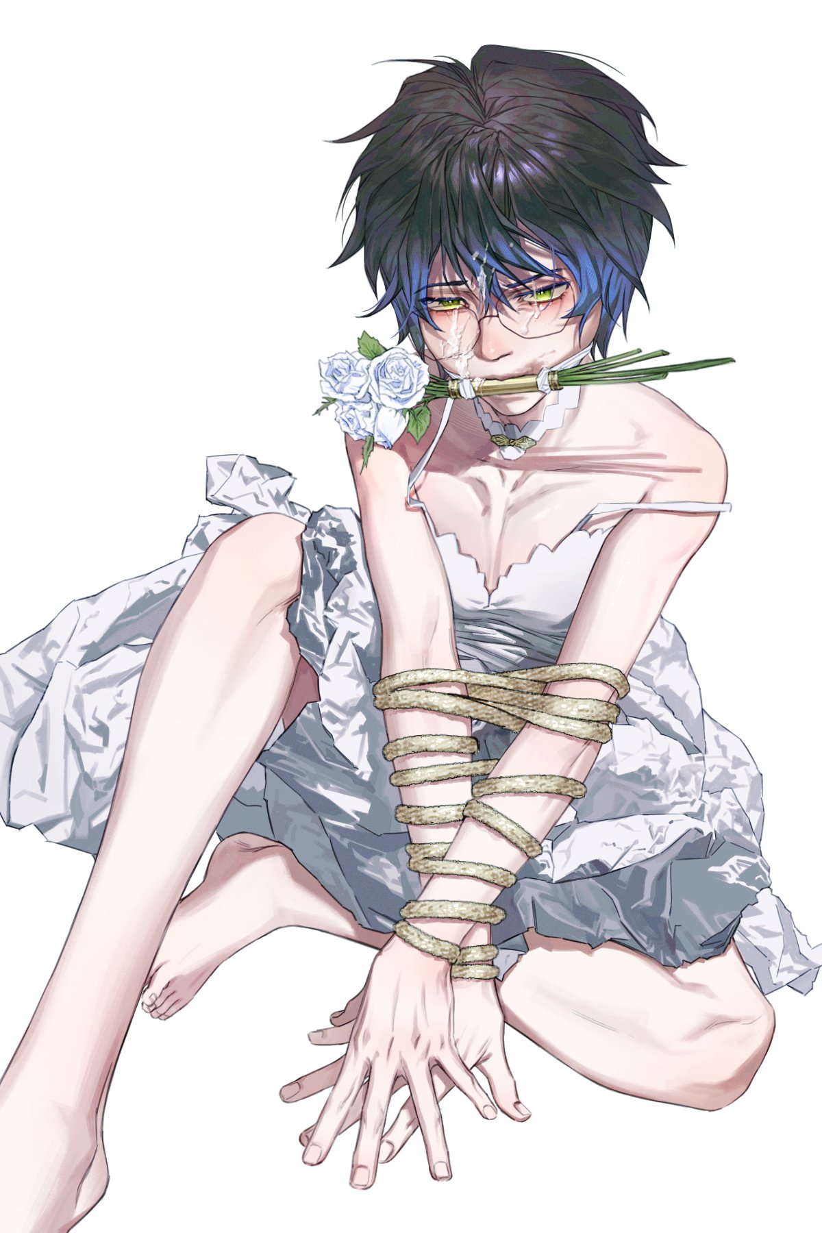 1boy barefoot blue_hair bound bound_arms choker crossdressing cum cum_on_body dress facial flower full_body gag green_eyes green_hair hair_between_eyes highres ike_eveland improvised_gag lipstick looking_at_viewer makeup male male_focus male_only multicolored_hair nijisanji nijisanji_en pectoral_cleavage pectorals rimbaud152 rope simple_background sitting smeared_lipstick solo strap_slip virtual_youtuber white_background white_choker white_dress white_flower