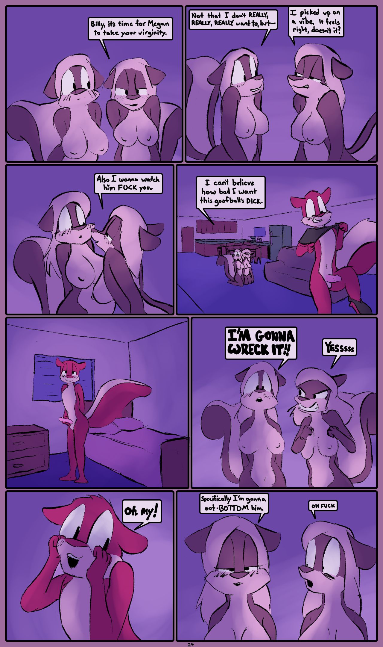 anthro billy_brambletree brother_(lore) brother_and_sister_(lore) clothing comic dirty_bunny erection female genitals group hi_res imminent_incest incest_(lore) kelli_brambletree male mammal megan_brambletree mephitid penis sibling_(lore) sister_(lore) sisters_(lore) skunk trio twins_(lore) undressing undressing_self