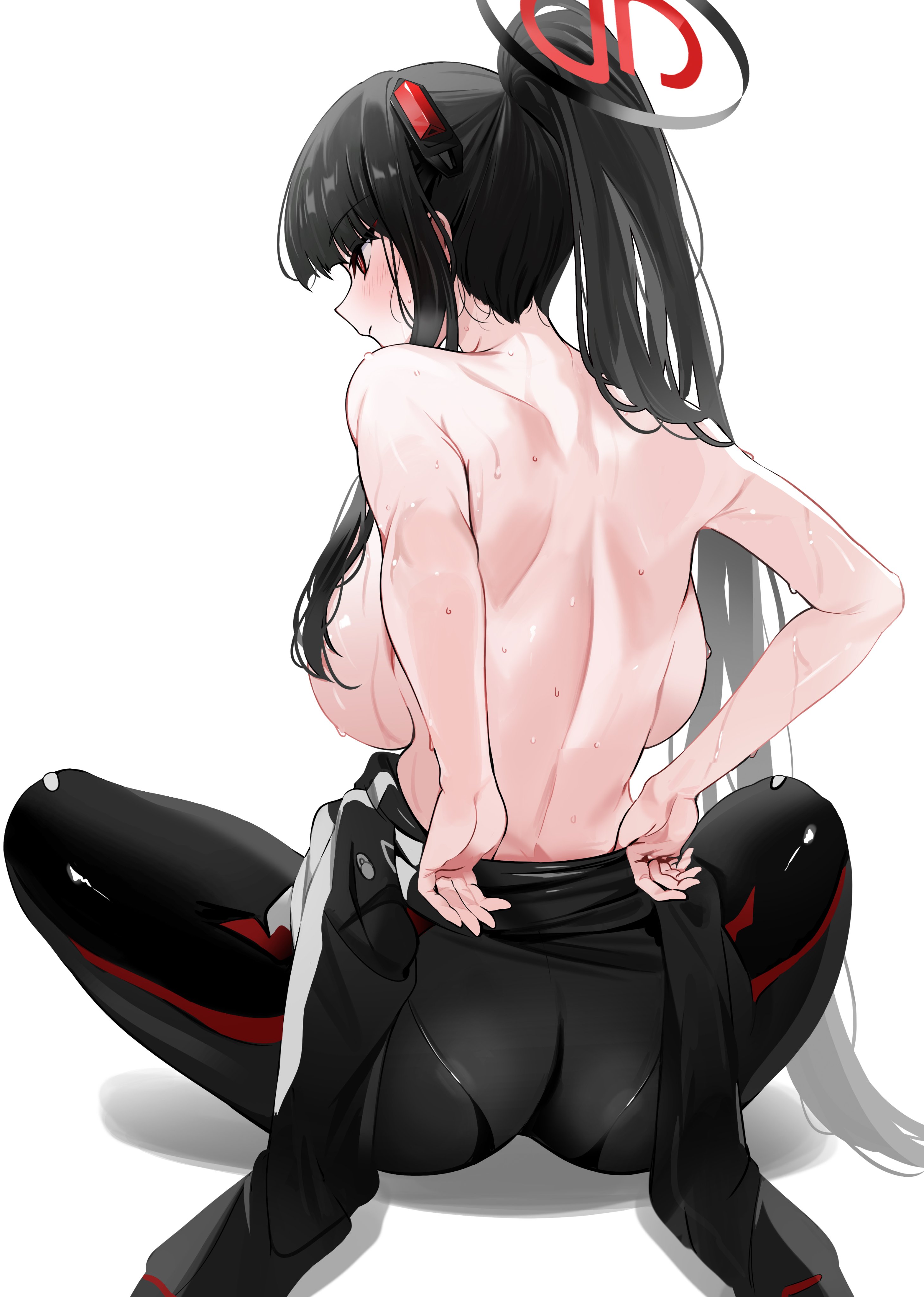 adjusting clothes, ass, backboob, bare back, big breasts, black bodysuit, black hair, black halo, blue archive, blunt bangs, blush, bodysuit, breasts, bright pupils, female, finger under clothes, from behind, hair ornament, hair over breasts, hair over one breast, halo, high ponytail, long hair, median furrow, multicolored halo, official alternate costume, pantylines, ponytail, red eyes, rio (armed) (blue archive), rio (blue archive), seminar (blue archive), shoulder blades, simple background, sitting, solo, sweat, thighs, topless female, two-tone halo, very long hair, very sweaty, wet, white background, white pupils, yuki (asayuki101)