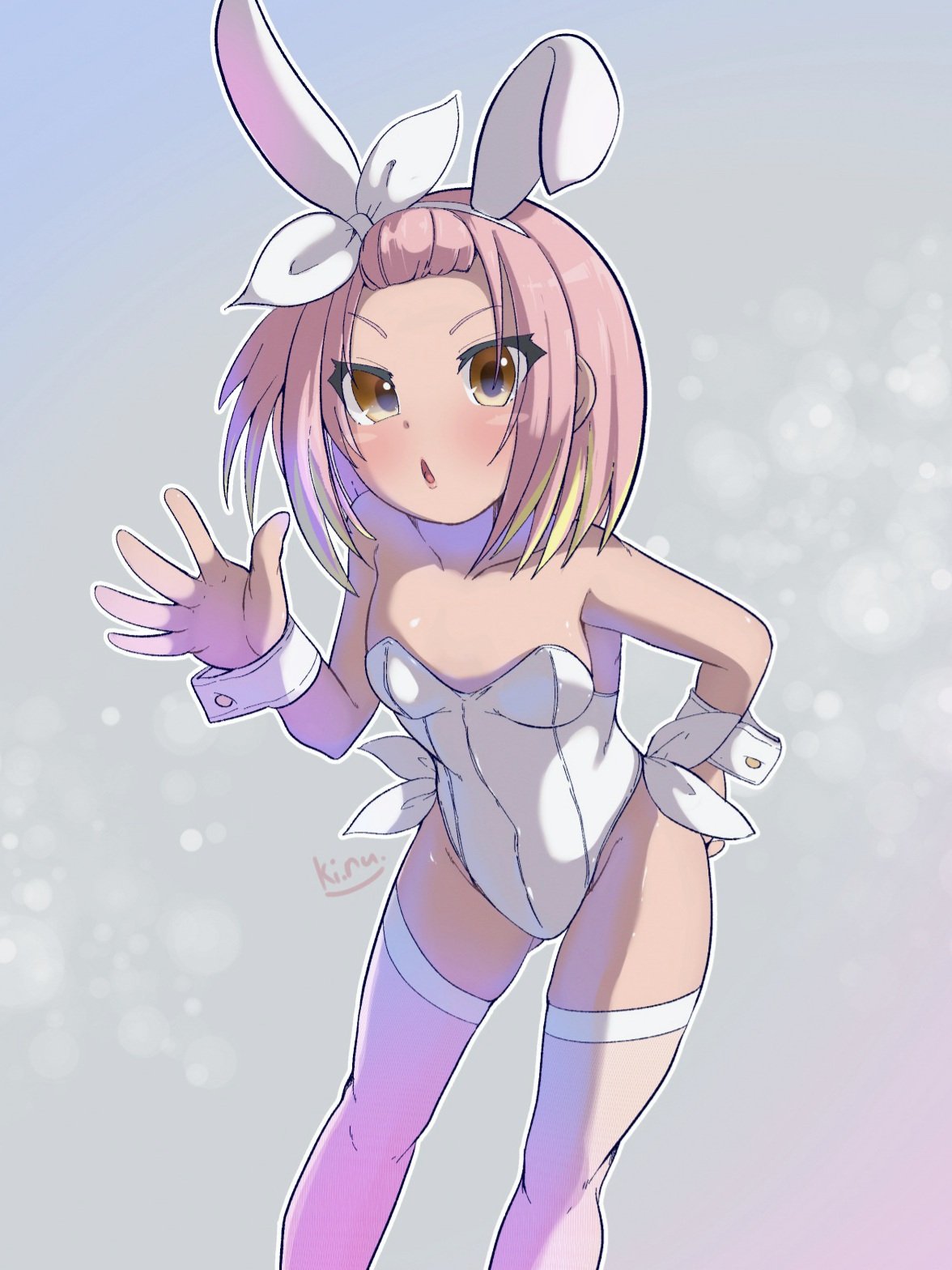 1girls armpits blush breasts brown_eyes bunny_ears bunnysuit d4dj female inuyose_shinobu kinu_(breybe) petite pink_hair signature small_breasts stockings