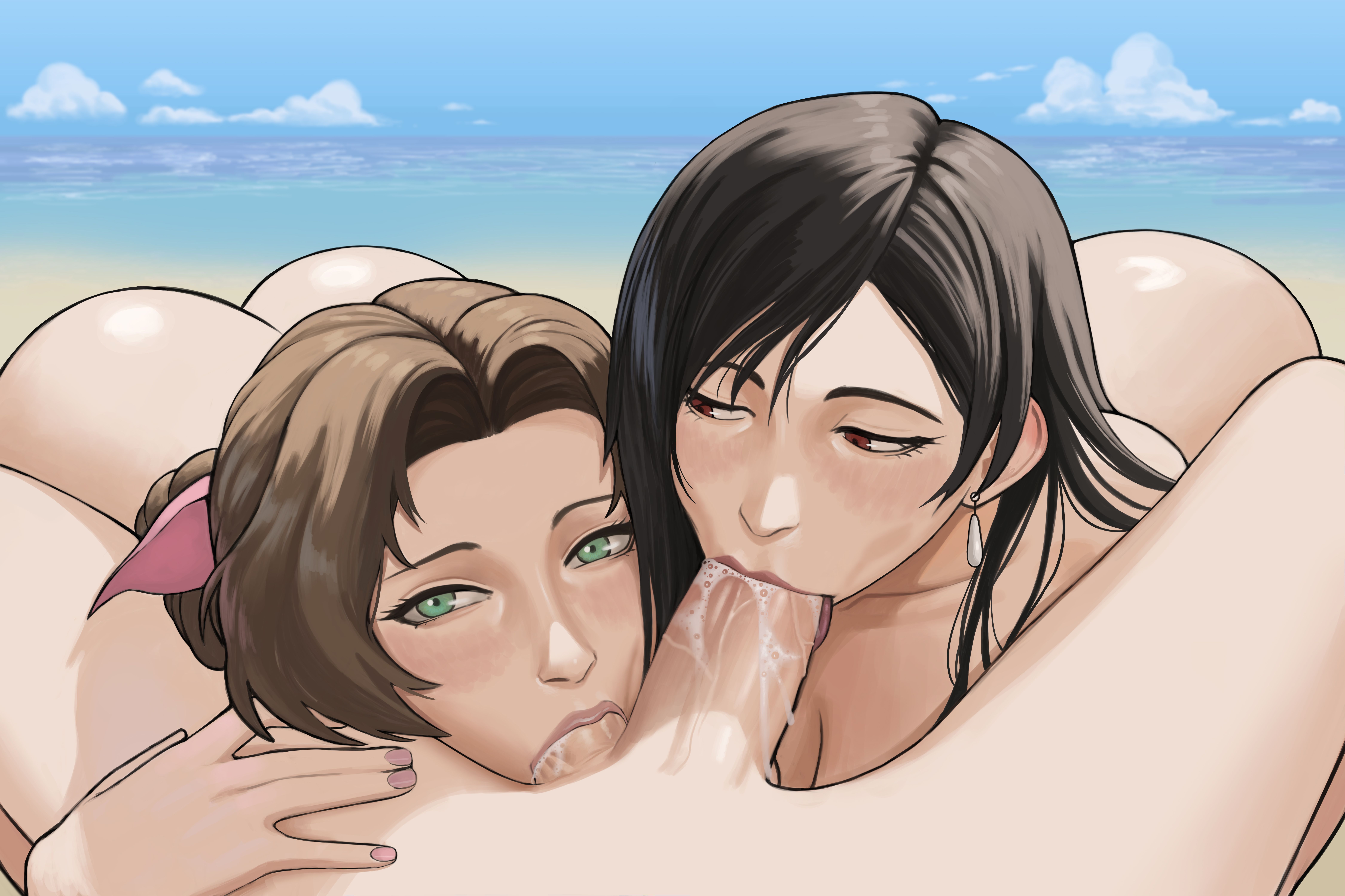1boy, 2girls, aerith gainsborough, black hair, black-haired female, blowjob, breasts, brown hair, brown-haired female, cloud strife, female, final fantasy, gud0c, hair ribbon, long hair, long legs, male, threesome, tifa lockhart, tits out