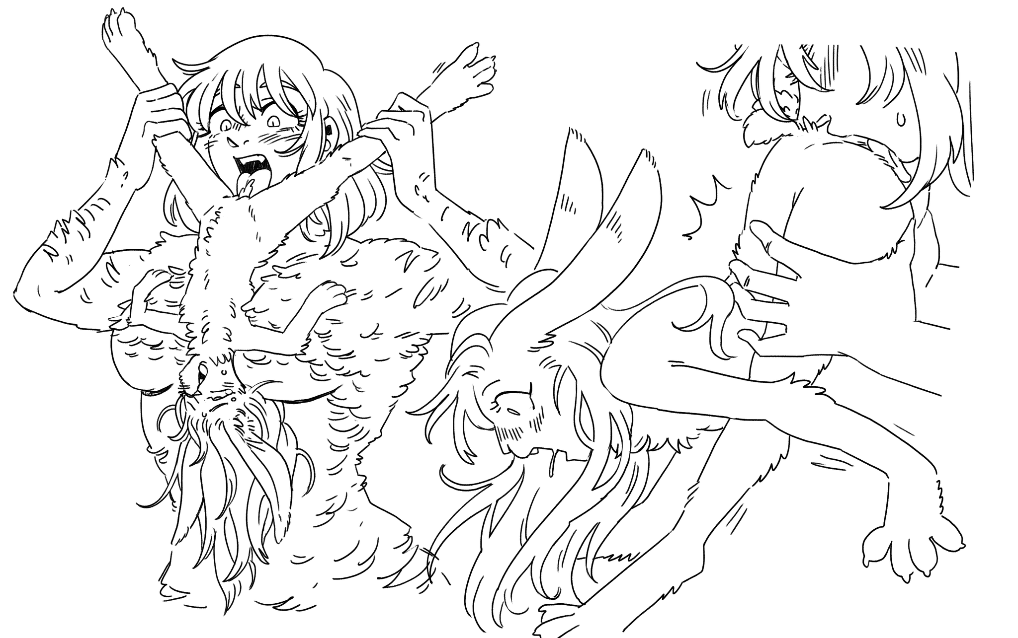 2girls, bedtimecreature, blush, bunny, chimera, cunnilingus, drool, drooling, dungeon meshi, eating pussy, falin touden, falin touden (chimera), feathers, female, from above, from behind, holding legs, lesbian, licking pussy, lifting person, marcille donato, open mouth, oral, oral sex, pleasure face, pussy, quiver, quivering, shaking, sweat, sweatdrop, sweating, tongue, tongue out, transformation, yuri