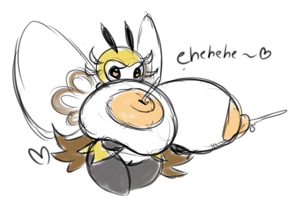 big breasts, breast expansion, breast growth, breast growth (enlargement), breasts, expansion, female, heart-shaped pupils, holding breast, hyper breasts, lactating, lactation, metachoke, pokemon, ribombee, scarf, yellow body