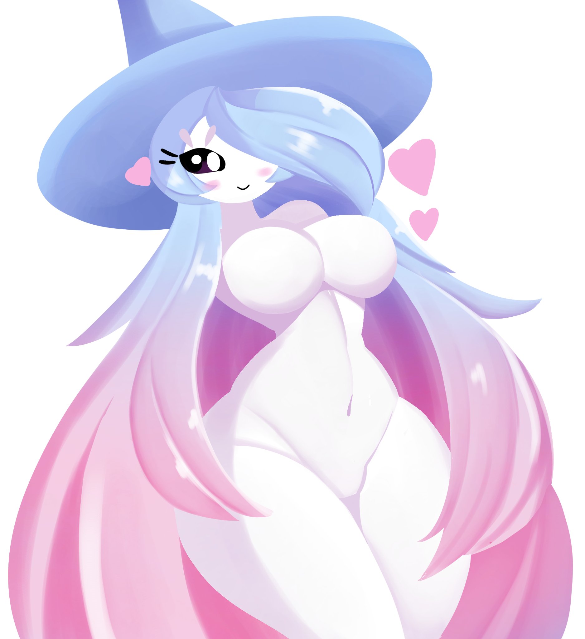 1girls, alaki zezo, anthro, armless, blue hair, breasts, featureless breasts, female, handless, hatterene, nintendo, no arms, no nipples, nude, nude female, pink hair, pokemon, pokemon (species), pokemon ss, thick thighs, white skin