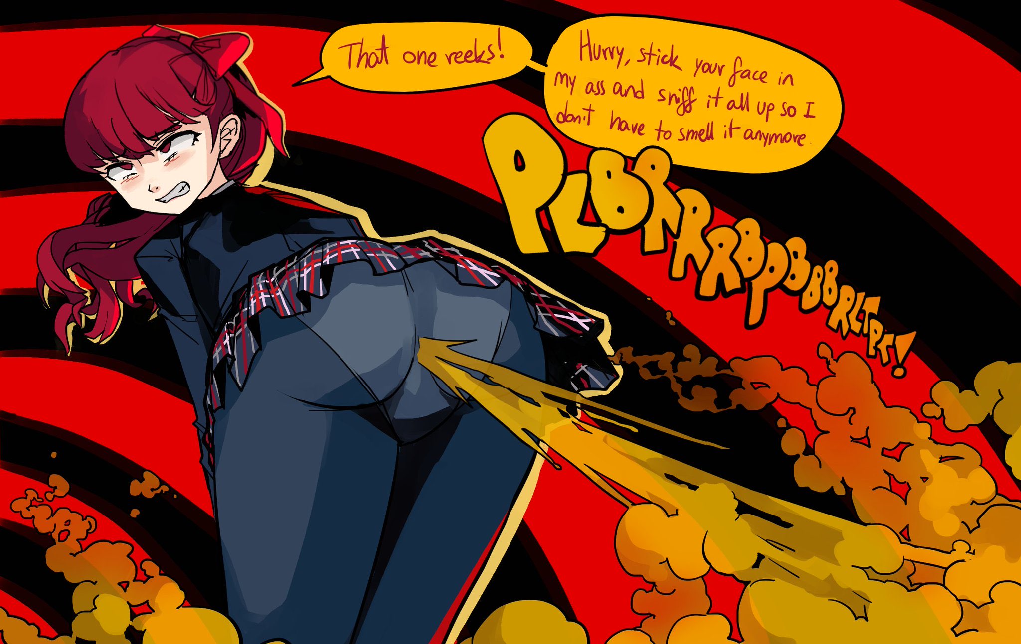 ass, bent over, clothed, desperation, fart, fart fetish, farting, female, imminent scat, kasumi yoshizawa, light skin, need to poop, persona, persona 5, persona 5 royal, red eyes, red hair, scat desperation, usagaijin