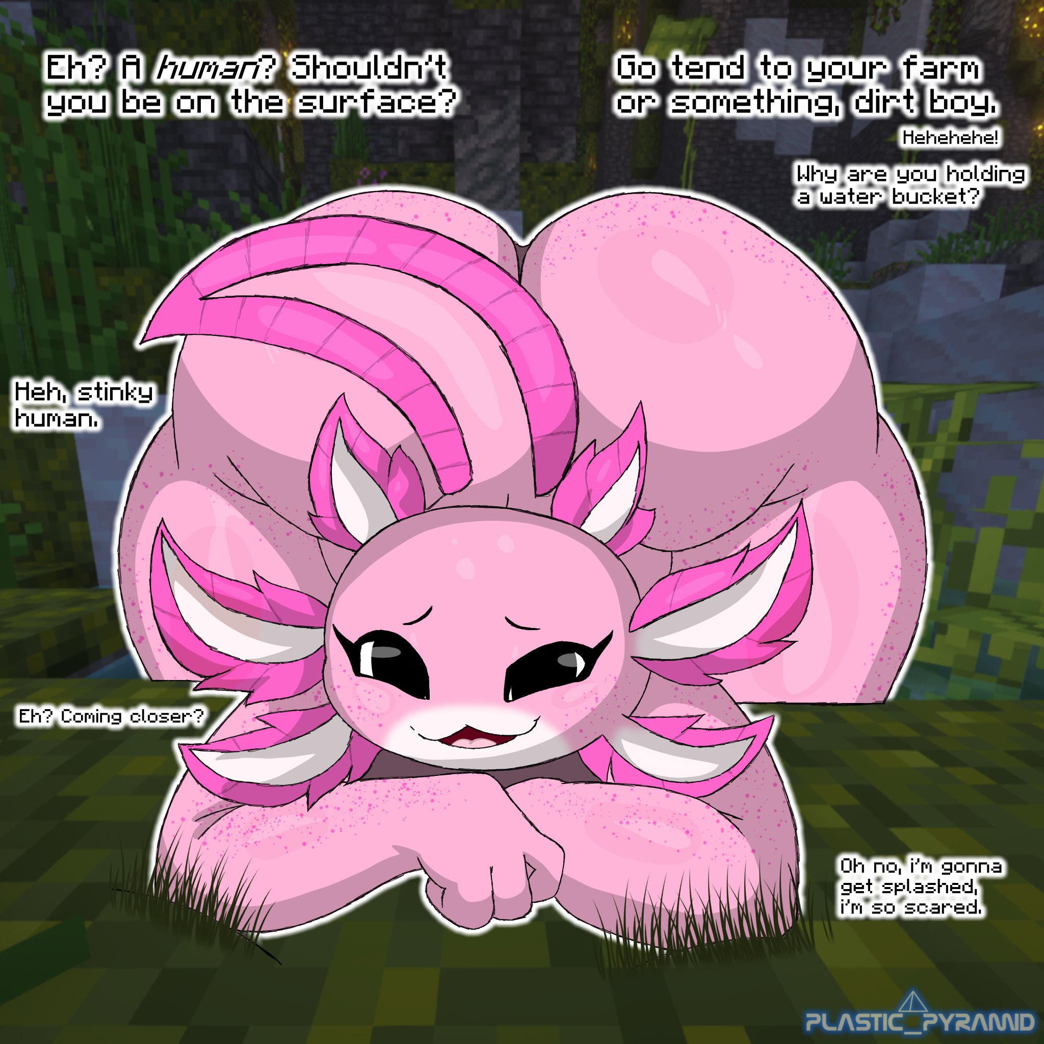 1girls, amphibian, anthro, asking for it, ass, ass bigger than head, axolotl, axolotl (minecraft), big ass, big butt, bottom heavy, brat, bubble ass, bubble butt, curvaceous, curvy, curvy figure, dialogue, english text, female, female only, freckles, freckles on ass, freckles on face, huge ass, lush cave, minecraft, minecraft background, nude, open mouth, plastic pyramid, shortstack, smug, smug face, solo, solo female, tail, talking to viewer, text, voluptuous, voluptuous female