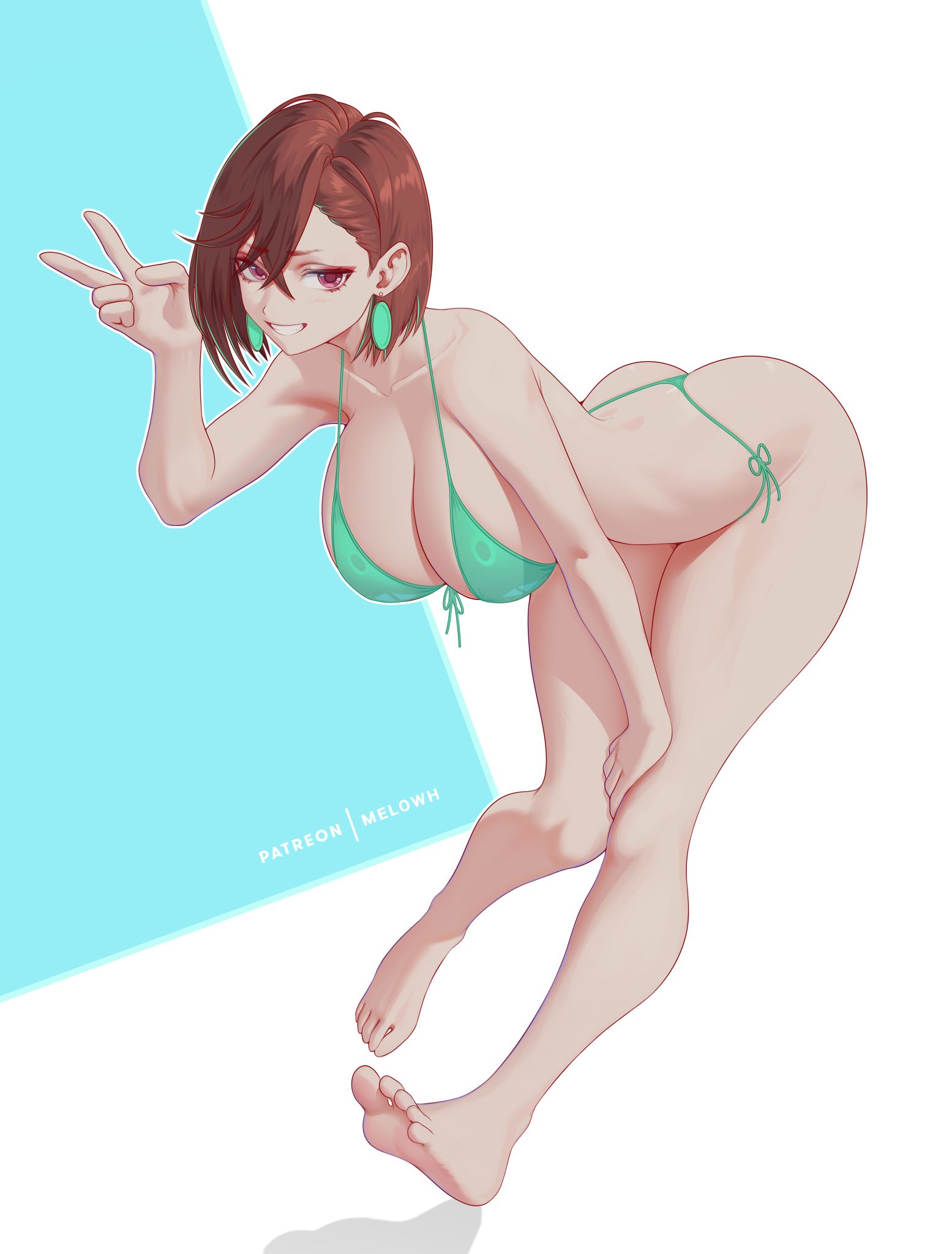 1girls, ass, ayase momo, big ass, big breasts, big butt, bikini, breasts, brown hair, brown-haired female, child bearing hips, dandadan, female, female only, melowh, pink eyes, short hair