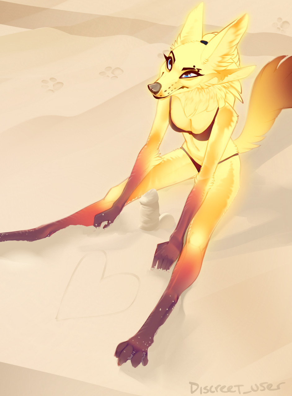 2022 4_ears anthro bikini black_lips black_nose blue_eyes canid canine clothing detailed dildo dipstick_tail discreet_user female footprint fox fur fyre_fox gloves_(marking) glowing glowing_body glowing_fur heart_symbol hi_res leg_markings lips mammal markings midriff multi_ear mylar_(discreet_user) navel pawprint sex_toy socks_(marking) solo swimwear tail tail_markings two-piece_swimsuit when_you_see_it yellow_body yellow_fur