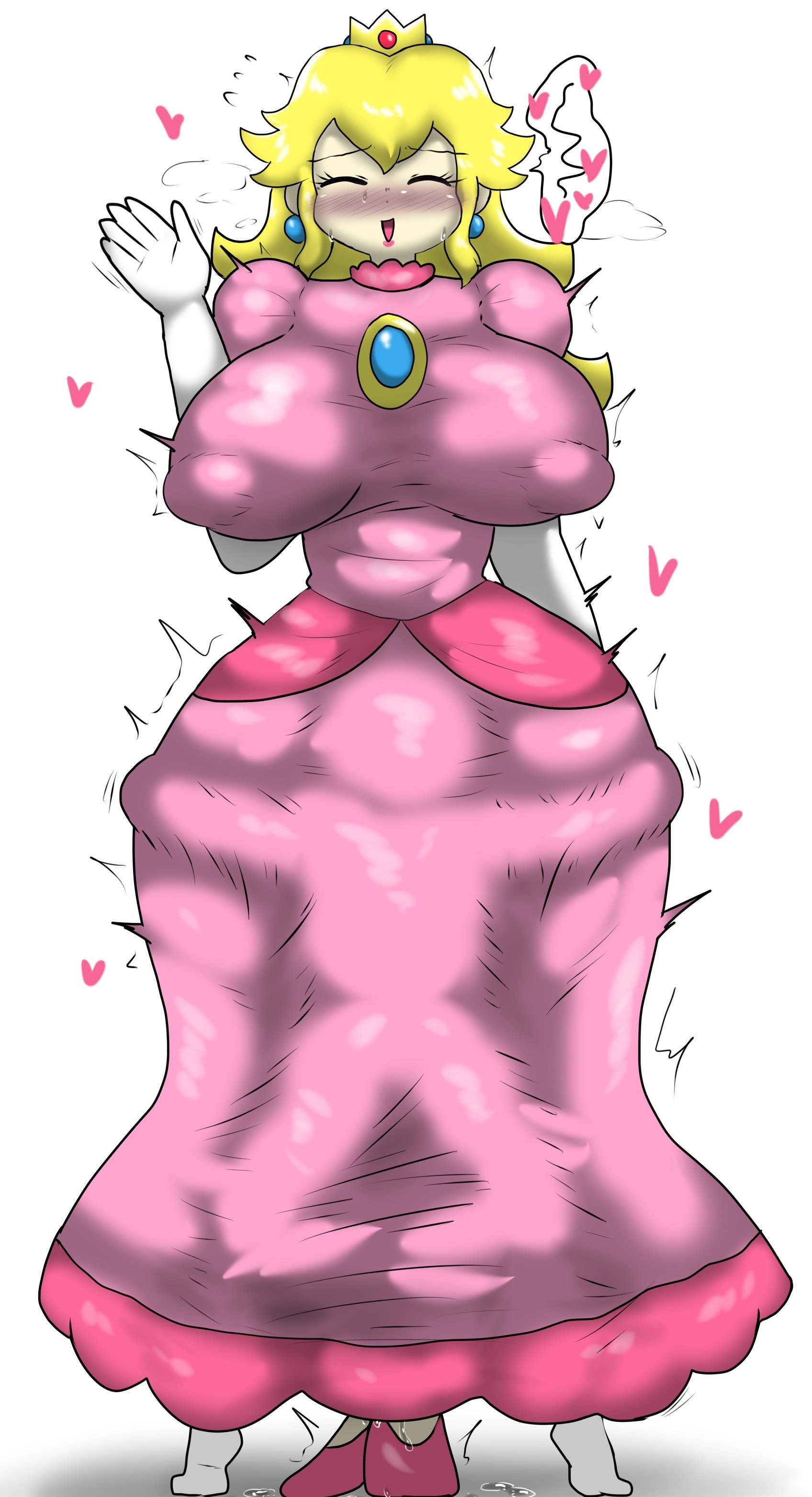 anon, big breasts, blush, blushing, breasts, closed eyes, closed eyes smile, enigi09, eyes closed, female, hidden sex, hiding in dress, looking pleasured, mario (series), nipple bulge, princess dress, princess peach, pussy, pussy juice, sex under clothes, smile, smiling, smiling at viewer, tagme, waving, waving at viewer, waving hand