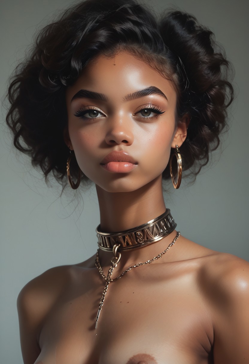 1girls, ai generated, chains, dark skin, dark-skinned female, ebony, ebony female, female, jokerofhearts, slave, slave collar, slave girl, solo