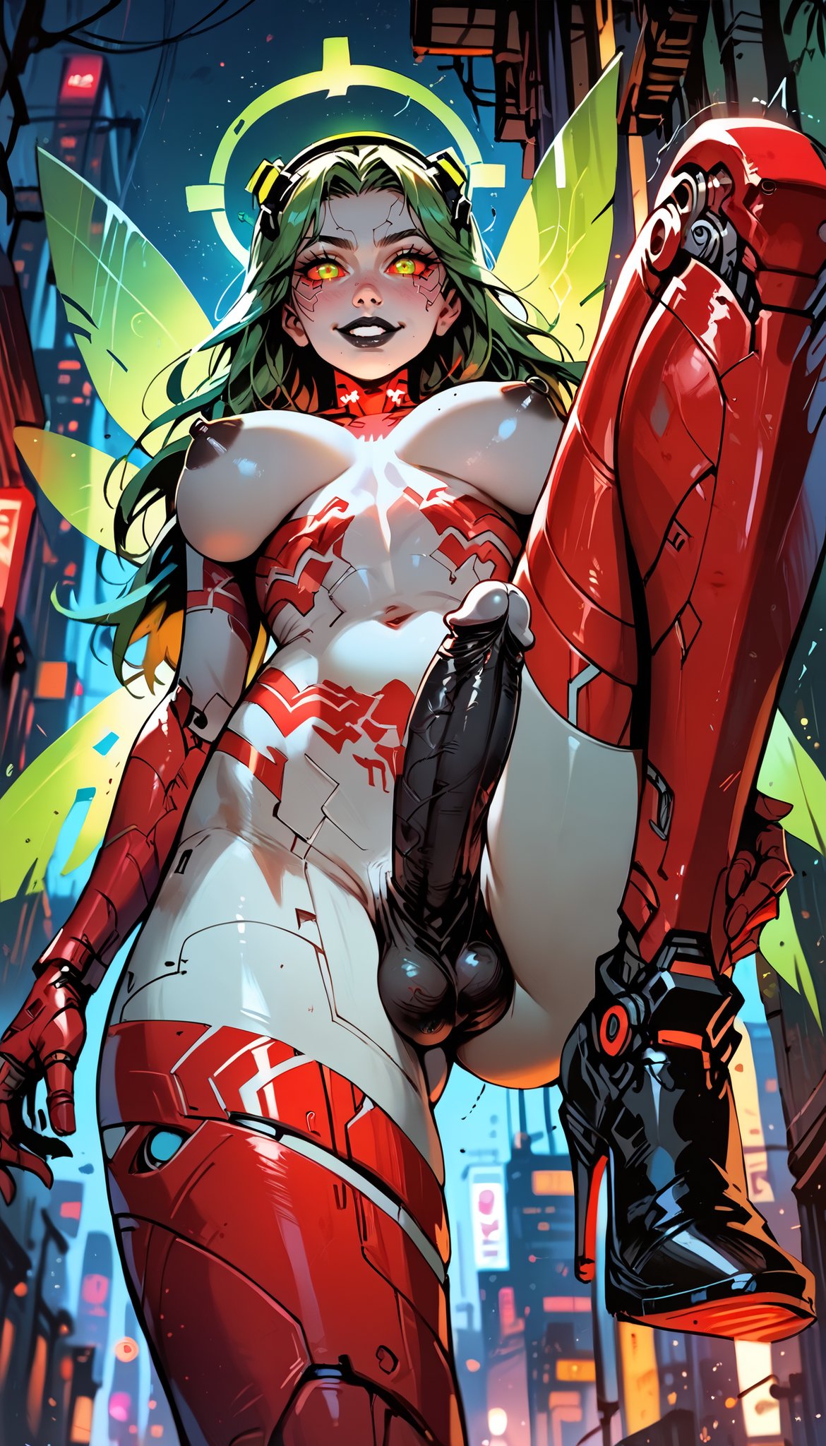 1futa, ai generated, areola slip, black areola, black lipstick, black nipples, black penis, blush, breasts, cyberpunk 2077, cyberpunk: edgerunners, cyborg, erect penis, erection, fairy wings, futa only, futanari, green hair, green pupils, grey skin, halo, heels, high heels, intersex, manofmidas, nipples, one leg up, penis, rebecca (edgerunners), red sclera, red tattoo, solo, tattoo, tattoos, twintails, underboob