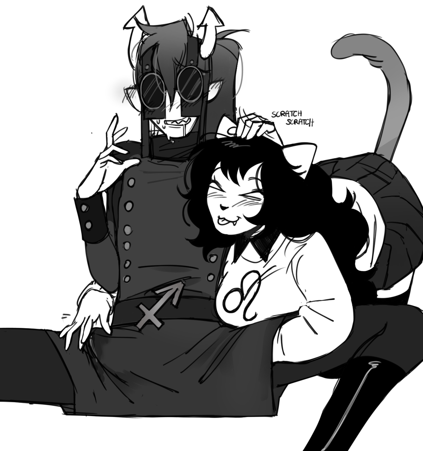 1boy, 1girls, artist request, blush, cat tail, cum, dancestor, drooling, fangs, female, fully clothed, glasses, hand in pants, head scratch, homestuck, horns, horuss zahhak, long hair, male, meulin leijon, pointy ears, ponytail, post-orgasm, teasing, tongue