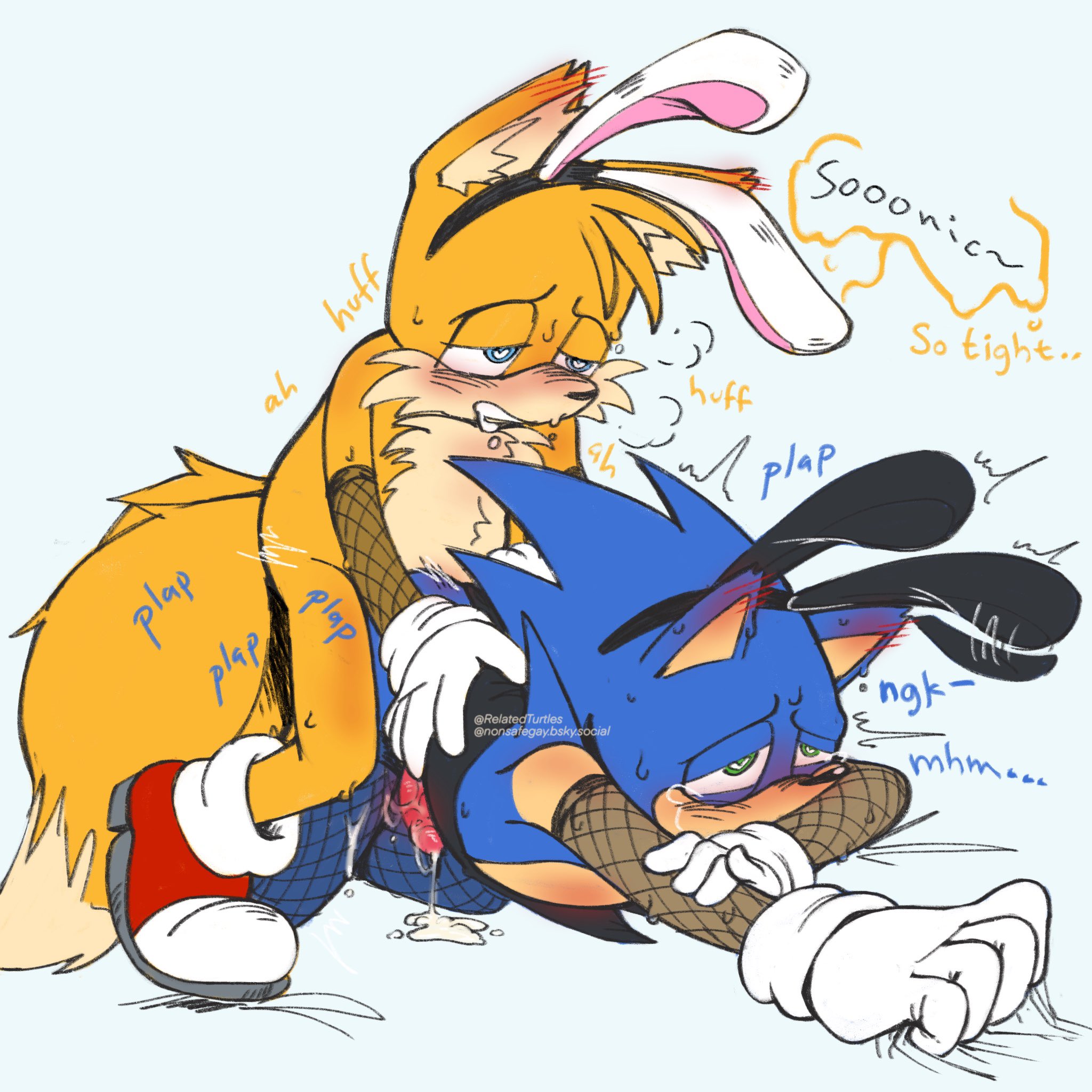 anal, anal sex, blush, bunnysuit, drooling, from behind, fucked silly, gay, gripping sheets, heart-shaped pupils, male, male only, male/male, miles tails prower, rabbit hair ornament, relatedturtles, sonic (series), sonic the hedgehog, tails the fox, yaoi