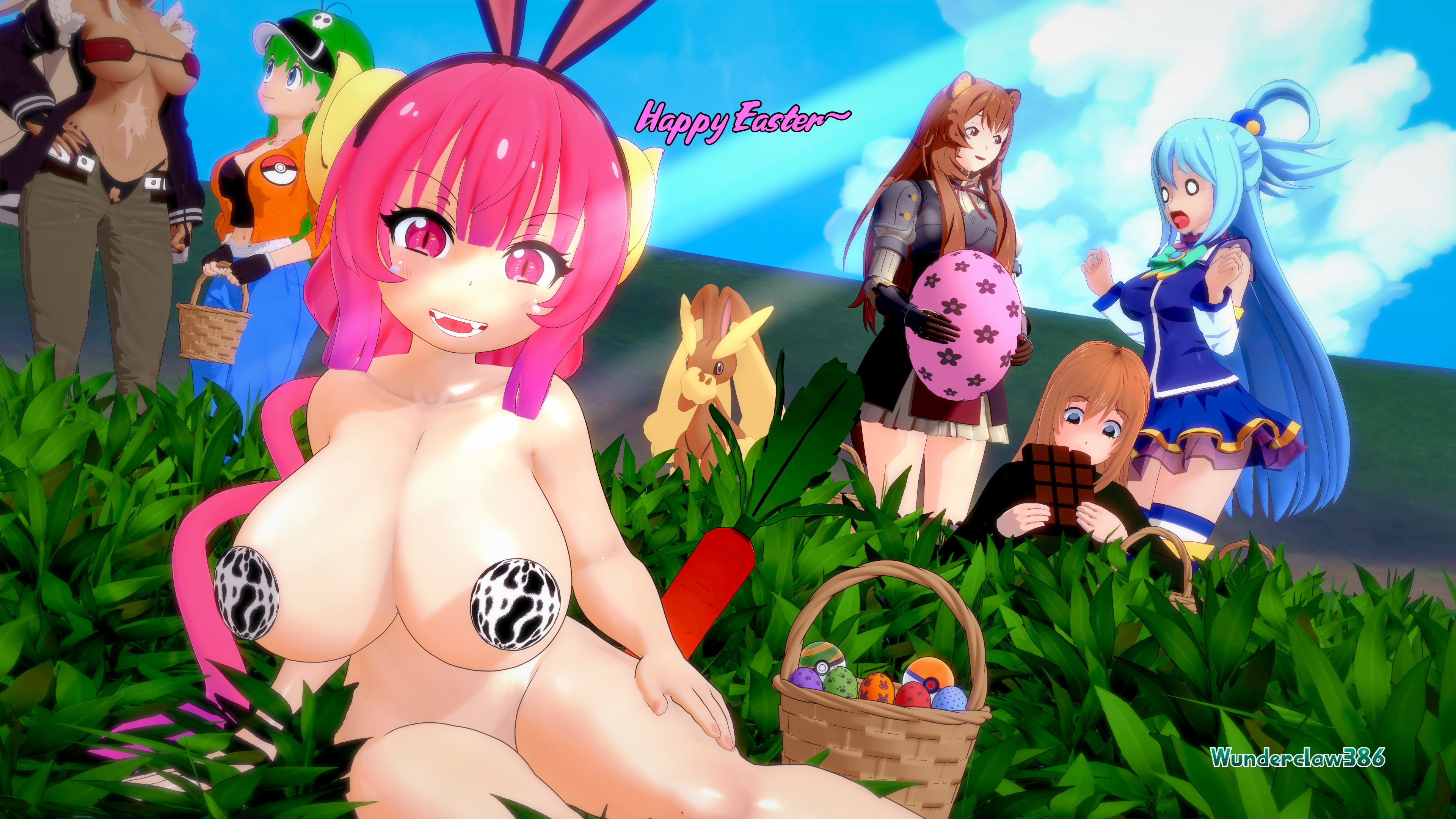 3d, 6girls, aqua (konosuba), big breasts, blue eyes, blue hair, breasts, brown hair, bunny ears, clothed, crossover, dark skin, dark-skinned female, easter, eggs, evaan, female, female only, ghislaine dedoldia, green hair, ilulu (dragon maid), kobayashi-san chi no maidragon, koikatsu, kono subarashii sekai ni shukufuku wo!, light skin, light-skinned female, lopunny, multiple females, multiple girls, mushoku tensei, nude, oc, outside, pink eyes, pink hair, pokemon, pokemon (species), pokemon dppt, raphtalia, shocked, shortstack, solo focus, tate no yuusha no nariagari, viktoriya ivanovna serebryakov, wunderclaw, youjo senki
