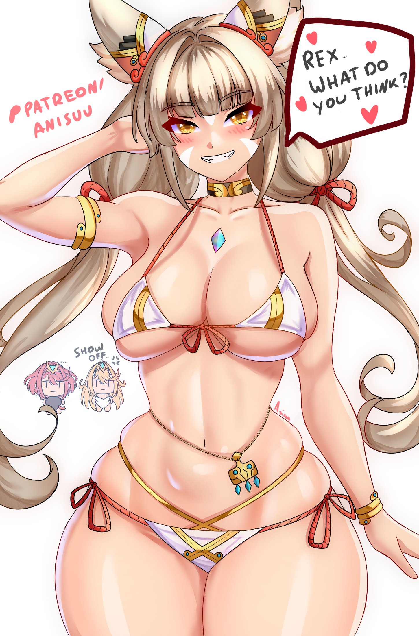 1girls, alternate ass size, alternate breast size, anger vein, anisdrawn, background characters, belly chain, bikini, blush, breasts, chibi, confident, core crystal, dialogue, english text, female, female only, grin, hourglass figure, large breasts, mythra, narrow waist, nia, pyra, revealing clothes, rex (xenoblade), showing off, skindentation, slender waist, smile, smug, spoken heart, text, thick thighs, unamused, wide hips, xenoblade (series), xenoblade chronicles 2