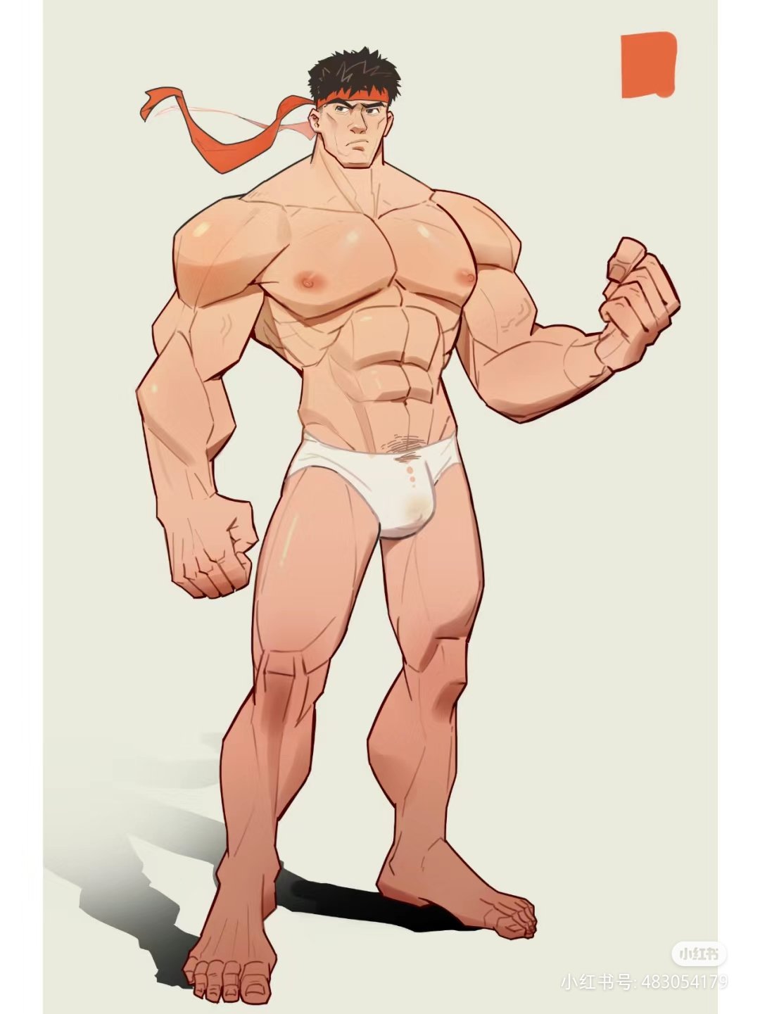 1boy, abs, anoko nai, bara, barefoot, biceps, bulge, feet, legs, male, male focus, male only, muscular, muscular arms, muscular legs, muscular male, muscular thighs, pecs, pectorals, ryu (street fighter), shirtless, solo, solo male, street fighter, street fighter 6, thighs, topless, topless male, underwear, yaoi