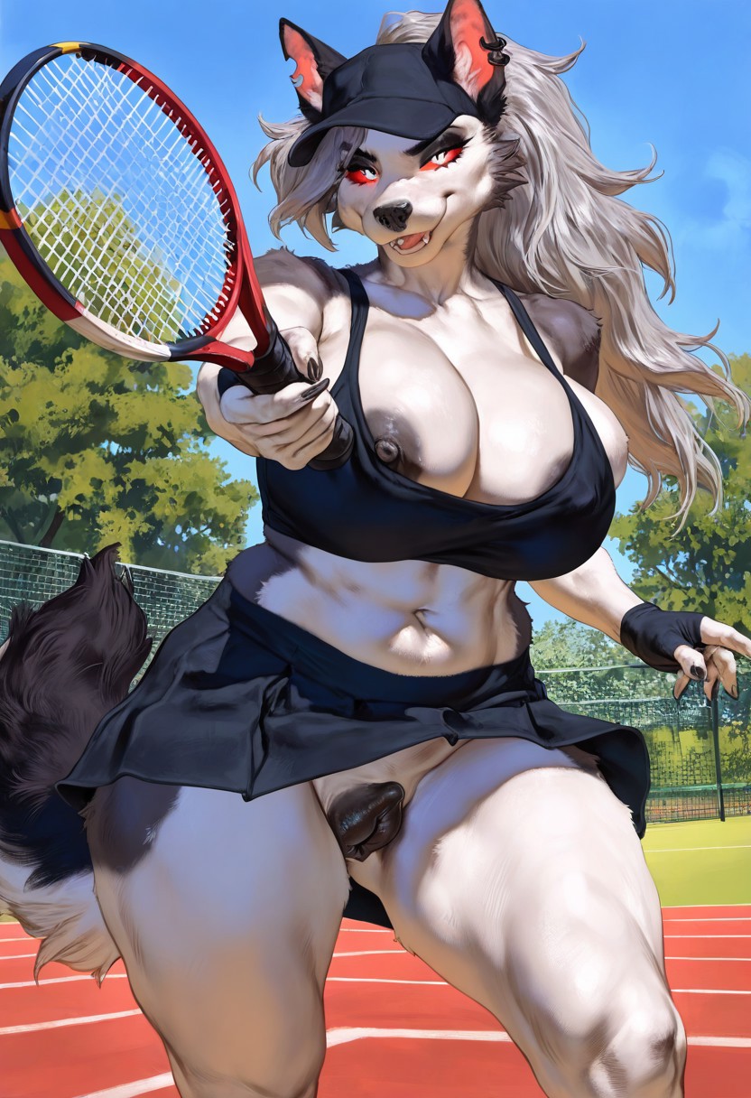 ai generated, anatomically correct, anatomically correct genitalia, anatomically correct pussy, anthro, areola slip, baseball cap, black eyeshadow, black pussy, black skirt, breasts, canine, canine genitalia, canine pussy, canine vulva, chubby, chubby female, ear fluff, exposing, exposing pussy, eyeshadow, female, fingerless gloves, furry, glistening genitalia, gloves, helluva boss, huge breasts, loona (helluva boss), nip slip, nipple slip, no panties, no underwear, outside, pleated skirt, pussy, red sclera, skimpy, skimpy clothes, skimpy outfit, skirt, skirt up, smug, smug smile, sport, sports bra, sportswear, tail, tennis, tennis court, tennis racket, thick thighs, two tone fur, upskirt, white eyes, white fur, white hair, white iris, white shirt, wolf, wolf girl