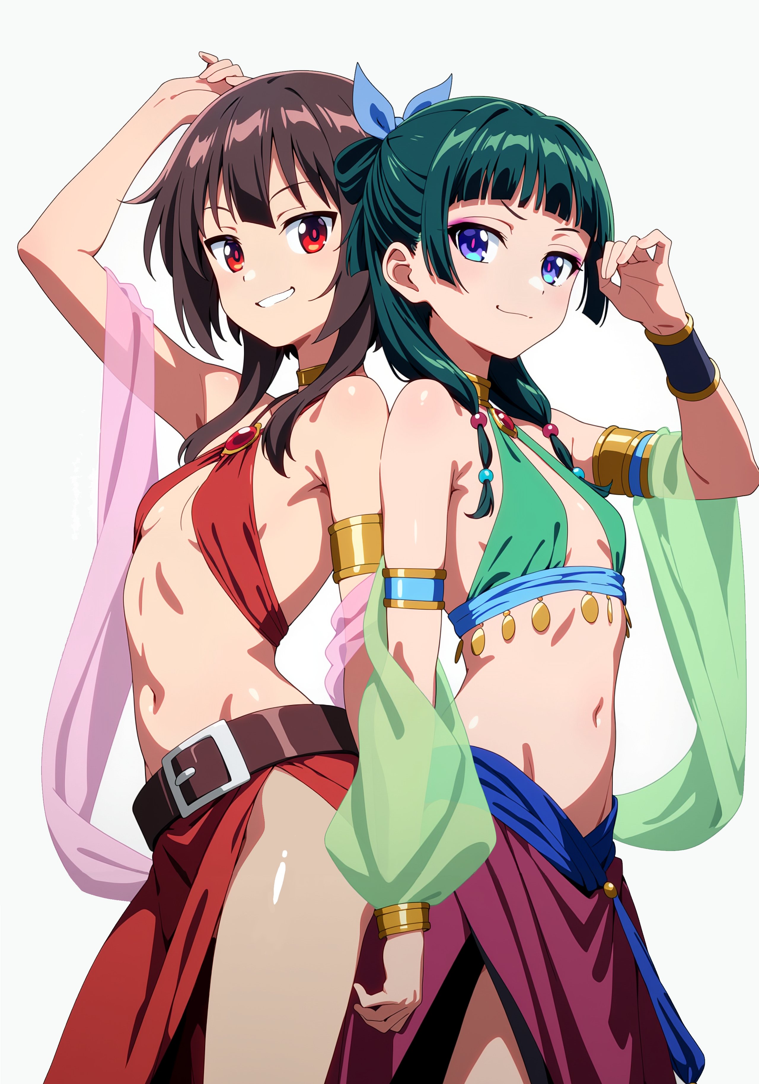 2girls, ai generated, belly dancer outfit, belt, blue eyes, bra, breasts, brown hair, clothing, crossover, dancer outfit, female, female only, green hair, kono subarashii sekai ni shukufuku wo!, kusuriya no hitorigoto, maomao (kusuriya no hitorigoto), megumin, petite, purple eyes, red eyes, skinny, skirt, slim, small breasts, tagme