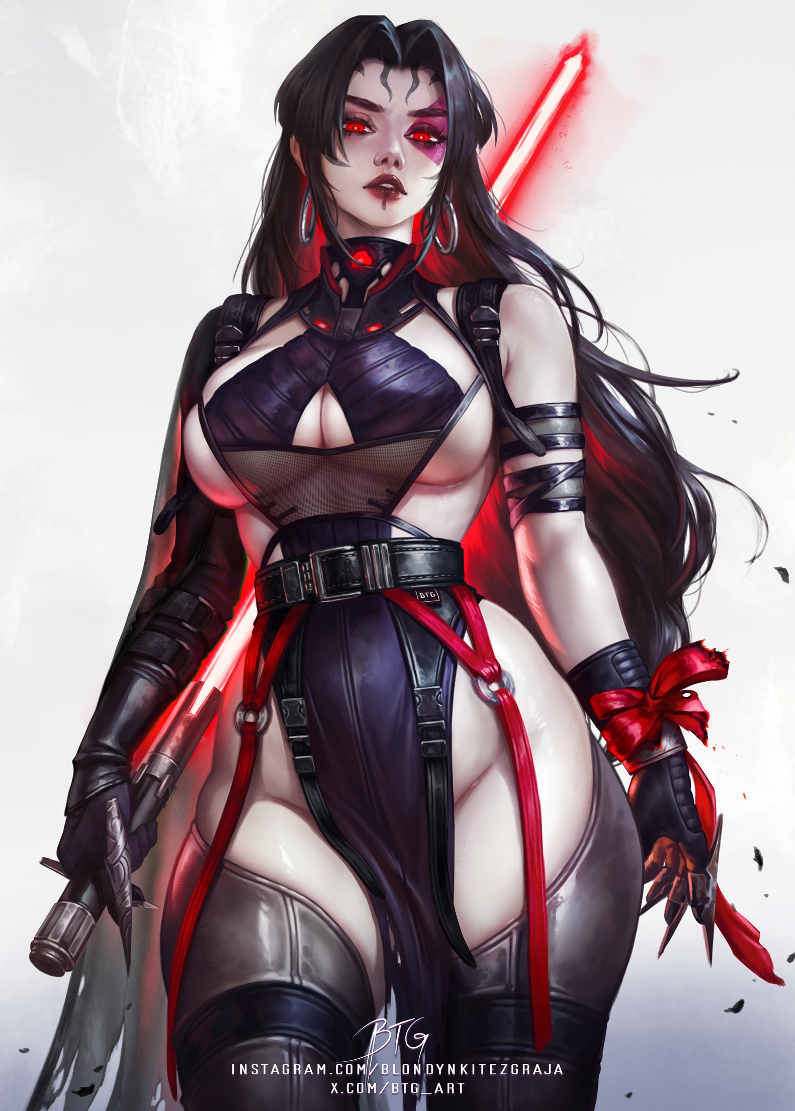 1girls, asian female, avengers, belt, big breasts, black hair, blondynkitezgraja, boob window, breasts, btg art, cleavage, cleavage cutout, clothed, clothed female, cosplay, crossover, crossover cosplay, female, goth, goth girl, huge breasts, lightsaber, marvel, marvel comics, marvel rivals, pelvic curtain, psylocke, psylocke (sai) (vengeance), red lightsaber, sideboob, sith, solo, star wars, x-men