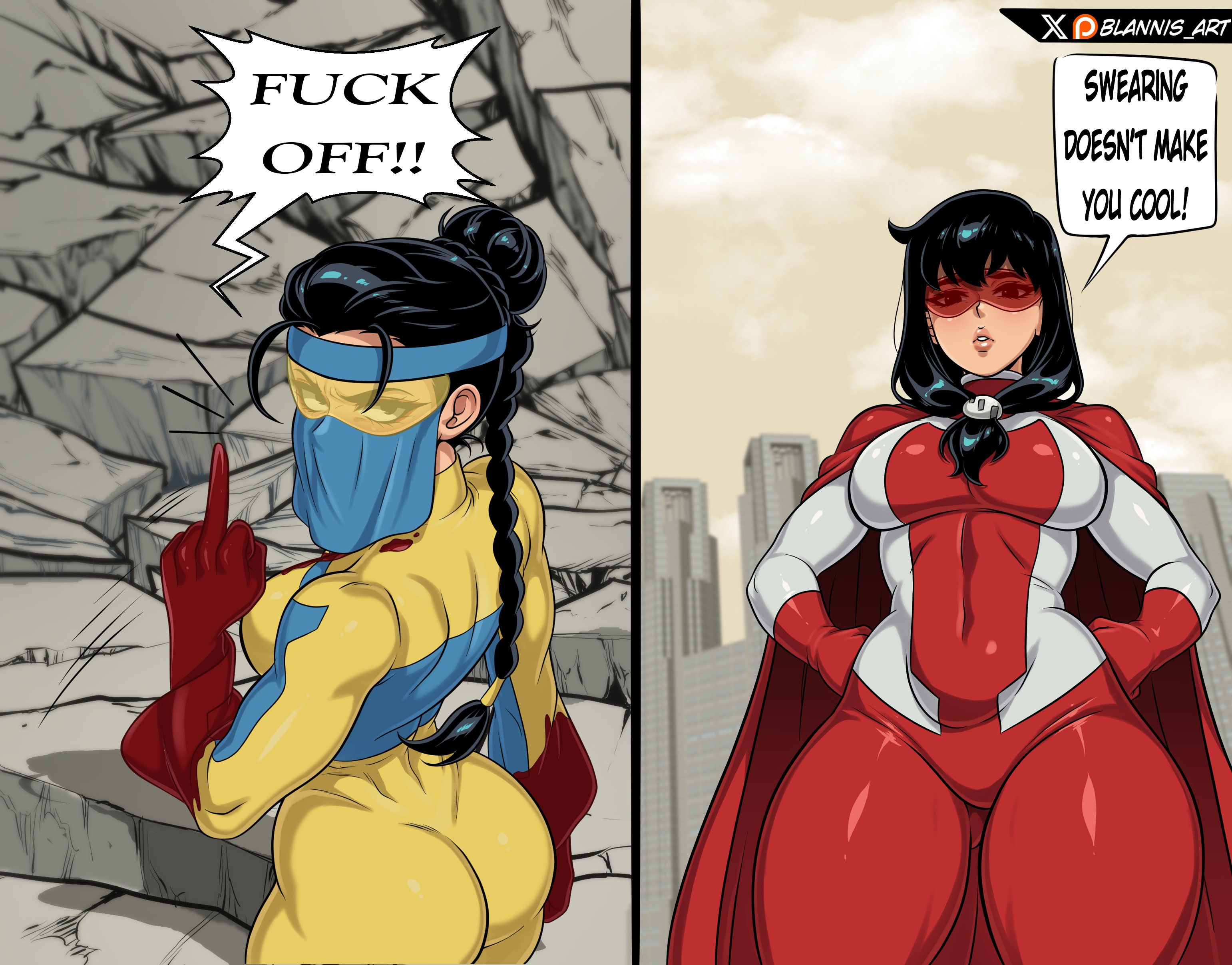 angry, angry expression, angry eyes, angry face, black hair, blannis art, blood, canon dialogue, canonical scene, cape, censored, cheeked up, clothed, clothed female, female, female only, femvincible, genderswap, genderswap (mtf), invincible, looking down, looking down at viewer, mark grayson, masked, masked female, middle finger, multiple females, multiple girls, multiversal counterpart grouping, omni-mark (invincible), ponytail, rule 63, shiesty mark (invincible), tinted eyewear, visor