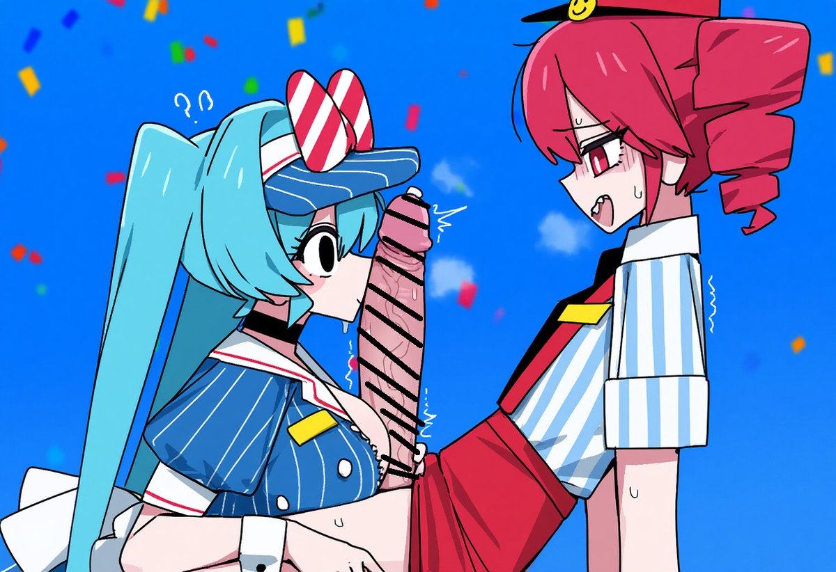 ?, ??, 1futa, 1girls, 2girls, ai generated, aqua hair, bar censor, big breasts, big penis, black eyes, blue background, blue hair, blush, breasts, censored, cock between breast, cock worship, confetti, drill hair, erection, female, from side, futa on female, futa with female, futanari, hat, hatsune miku, huge cock, huge penis, hung futa, hypnosis, intersex, kasane teto, kissing penis, large breasts, large penis, long hair, looking at penis, male, mesmerizer (vocaloid), mesmerizer miku, mesmerizer teto, miku and futa teto (meme), multiple girls, noa ai, open mouth, paizuri, penis, penis grab, penis on face, penis out, pointy teeth, precum, red eyes, red hair, sharp teeth, start digging in yo butt twin, striped, sweat, synthesizer v, teeth, tiktok, trap, twin drills, twintails, veins, veiny penis, very long hair, visor cap, vocaloid, wrist cuffs