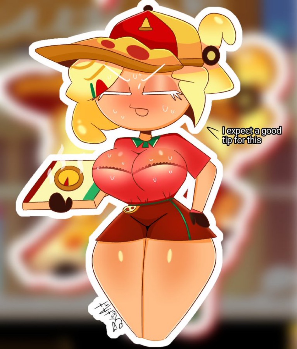 big boobs, big breasts, boobs, breasts, cookie run, cookie run kingdom, female, kiut arts, pizza box, pizza cookie, sweat, sweating, sweating female, thicc, thick, thick thighs, wide hips