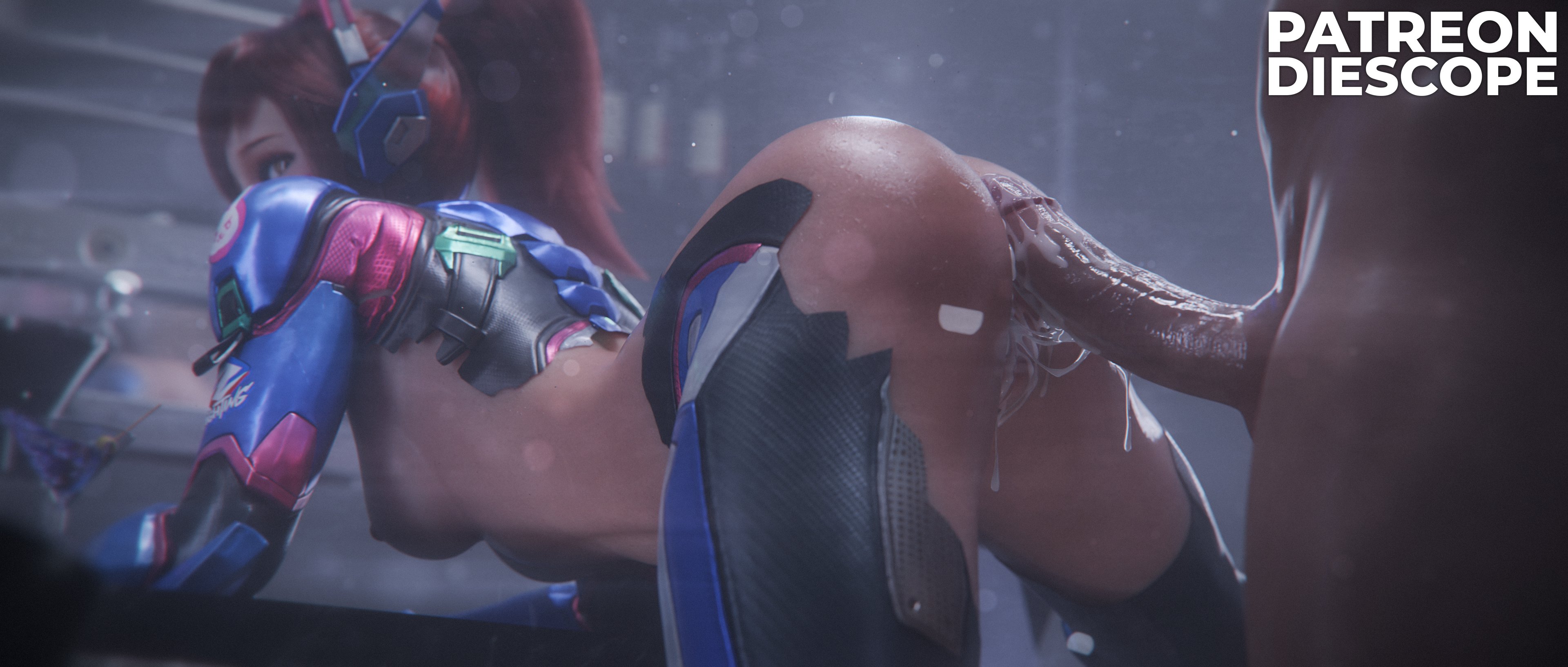 1boy, 1girls, 3d, ass, bending forward, bending over, big ass, big breasts, big penis, breasts, breasts out, brown hair, cum, cum in ass, cum in pussy, cum inside, d.va, d.va (overwatch 2 suit), diescope, doggy style, dripping cum, female, half naked, light skin, light-skinned female, light-skinned male, looking at viewer, looking back, male, messy cum, nude, nude male, nude male clothed female, overwatch, overwatch 2, penis, penis on ass, penis out, ponytail, pussy, ripped clothing, sweat