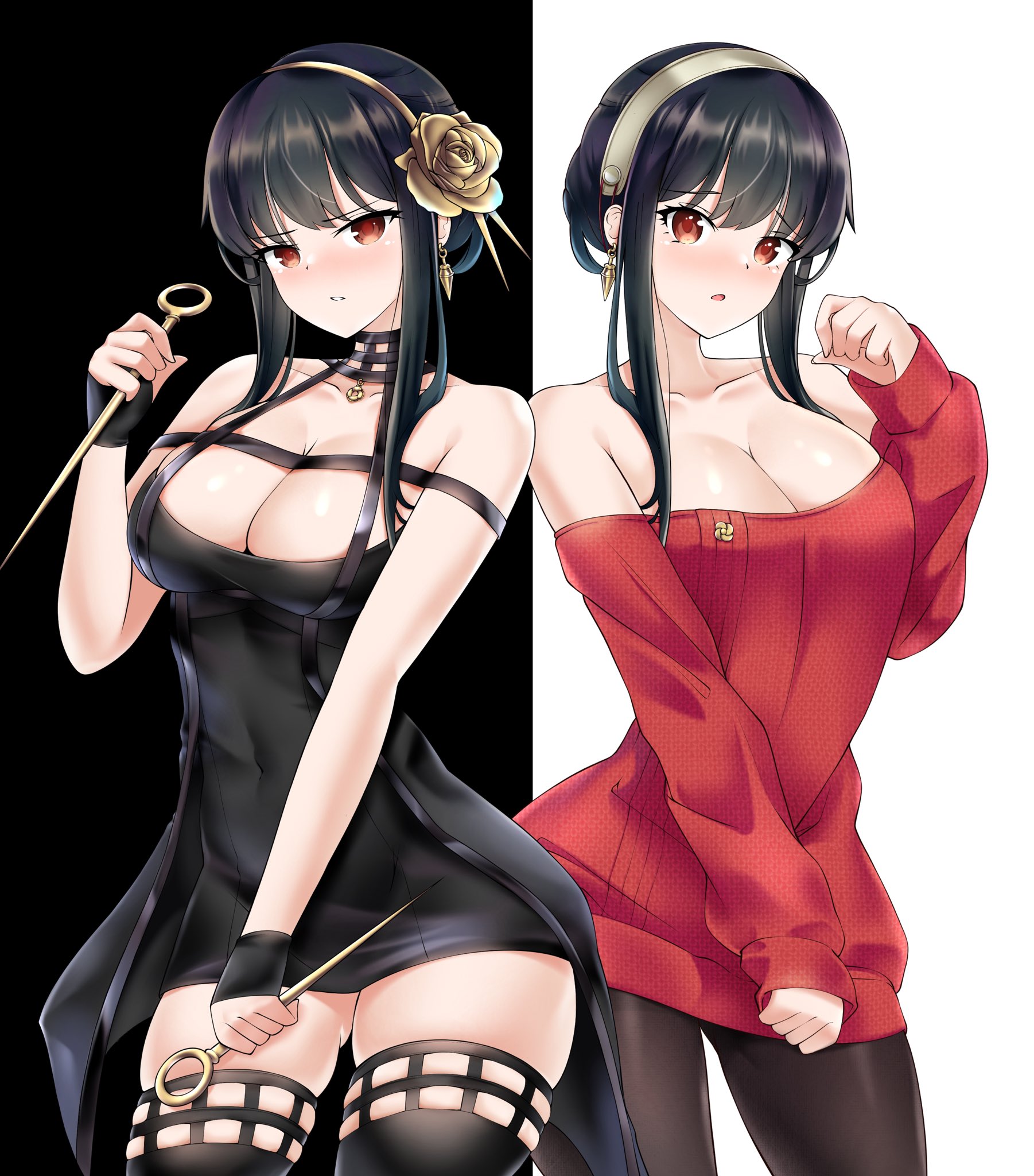 1girls, bare arms, bare shoulders, black dress, black hair, black pantyhose, breasts, brown thighhighs, cleavage, collarbone, covered navel, dagger, dress, dual wielding, earrings, female, female only, freshtango, hairband, hand up, highres, holding, jewelry, knife, large breasts, light-skinned female, long sleeves, looking at viewer, medium breasts, multiple views, off shoulder, pantyhose, parted lips, red dress, red eyes, reverse grip, skindentation, sleeveless, sleeveless dress, spy x family, standing, stiletto (weapon), sweater, sweater dress, thighhighs, thighs, thorn princess, weapon, yor briar, yor forger, zettai ryouiki