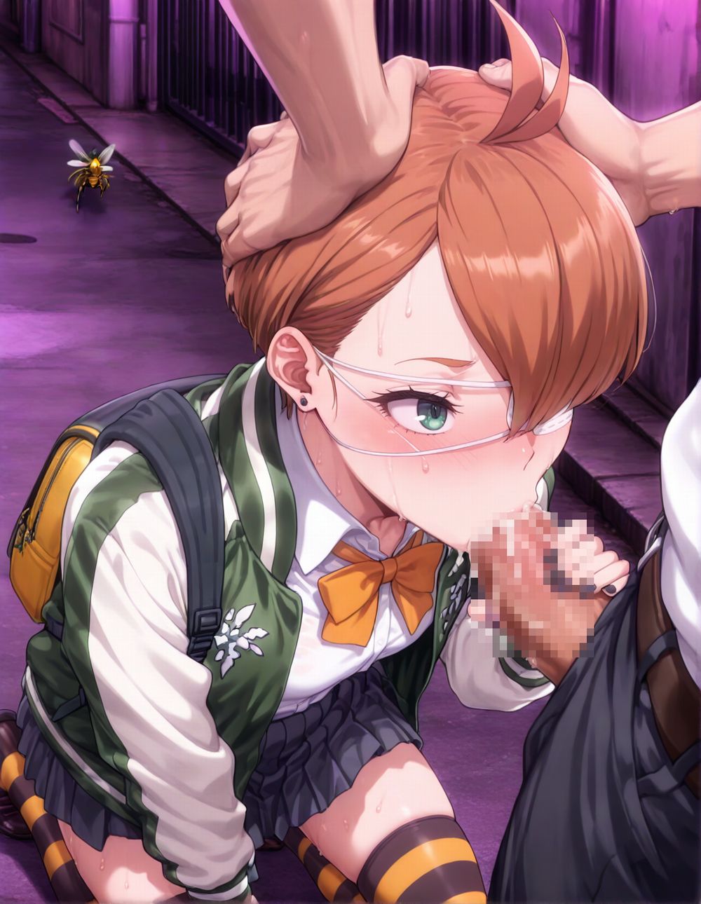 1girls, ai generated, alley, black panties, blue eyes, boku no hero academia, brown hair, covered eye, female, female focus, lifting skirt, looking at viewer, male, my hero academia, panties, penis, school uniform, tamao oguro, uniform, very short hair, vigilante: my hero academia illegals