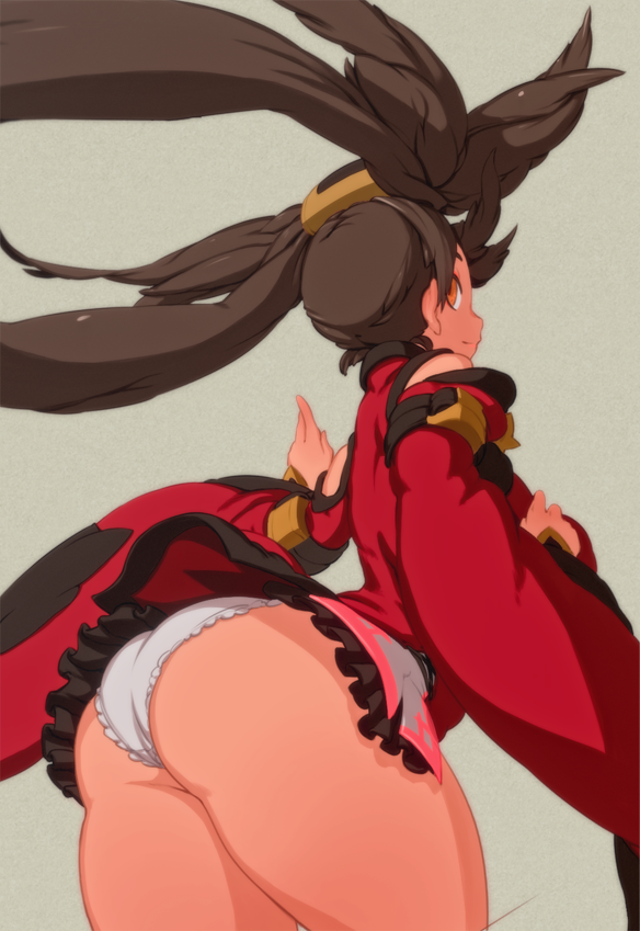 ass brown_hair curvy dat_ass frilled_panties guilty_gear hand_up kuradoberi_jam looking_back orange_eyes panties small_ass thick_thighs upskirt white_panties