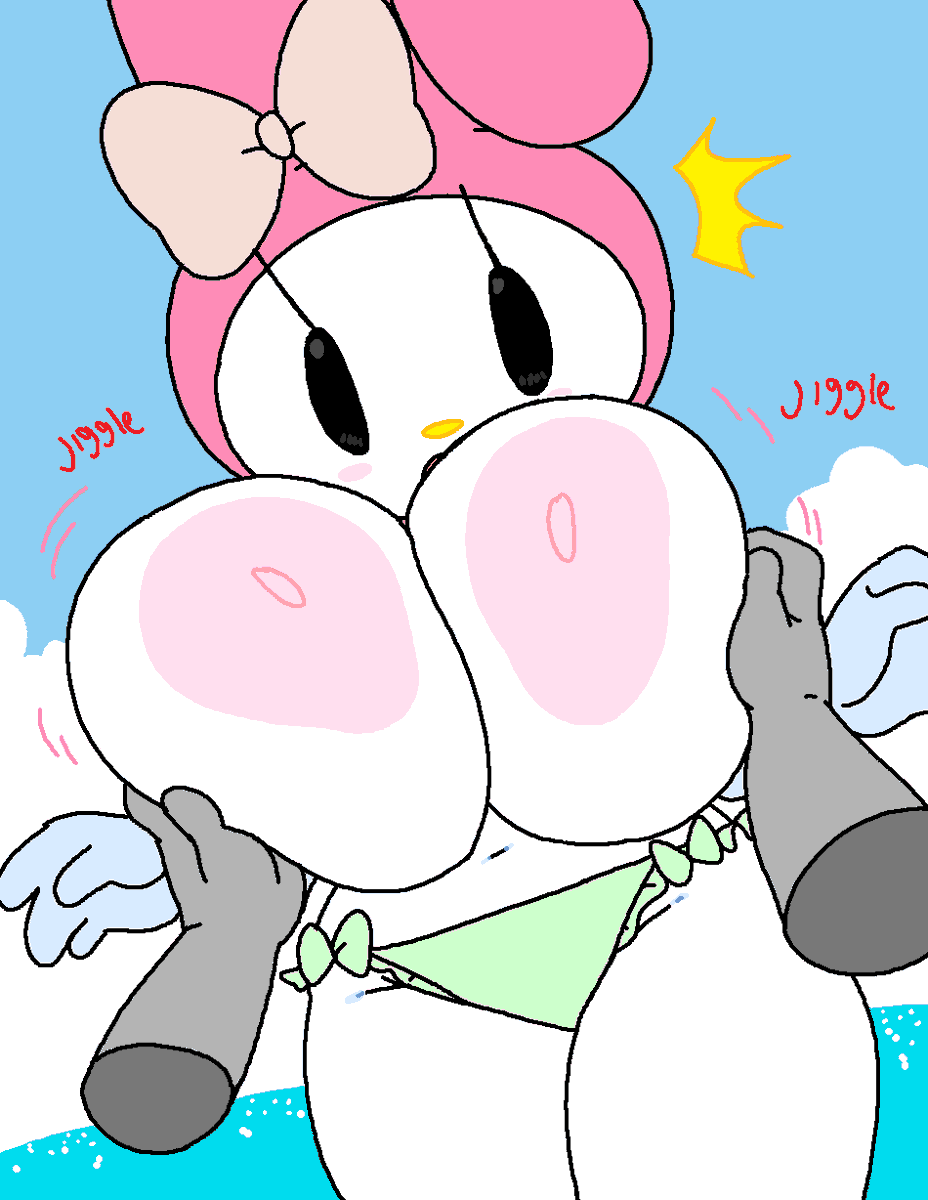 beach, big breasts, bikini, breast grab, breasts, cassettedream, dream-cassette, female, green bikini, hoshime, my melody, onegai my melody, sanrio