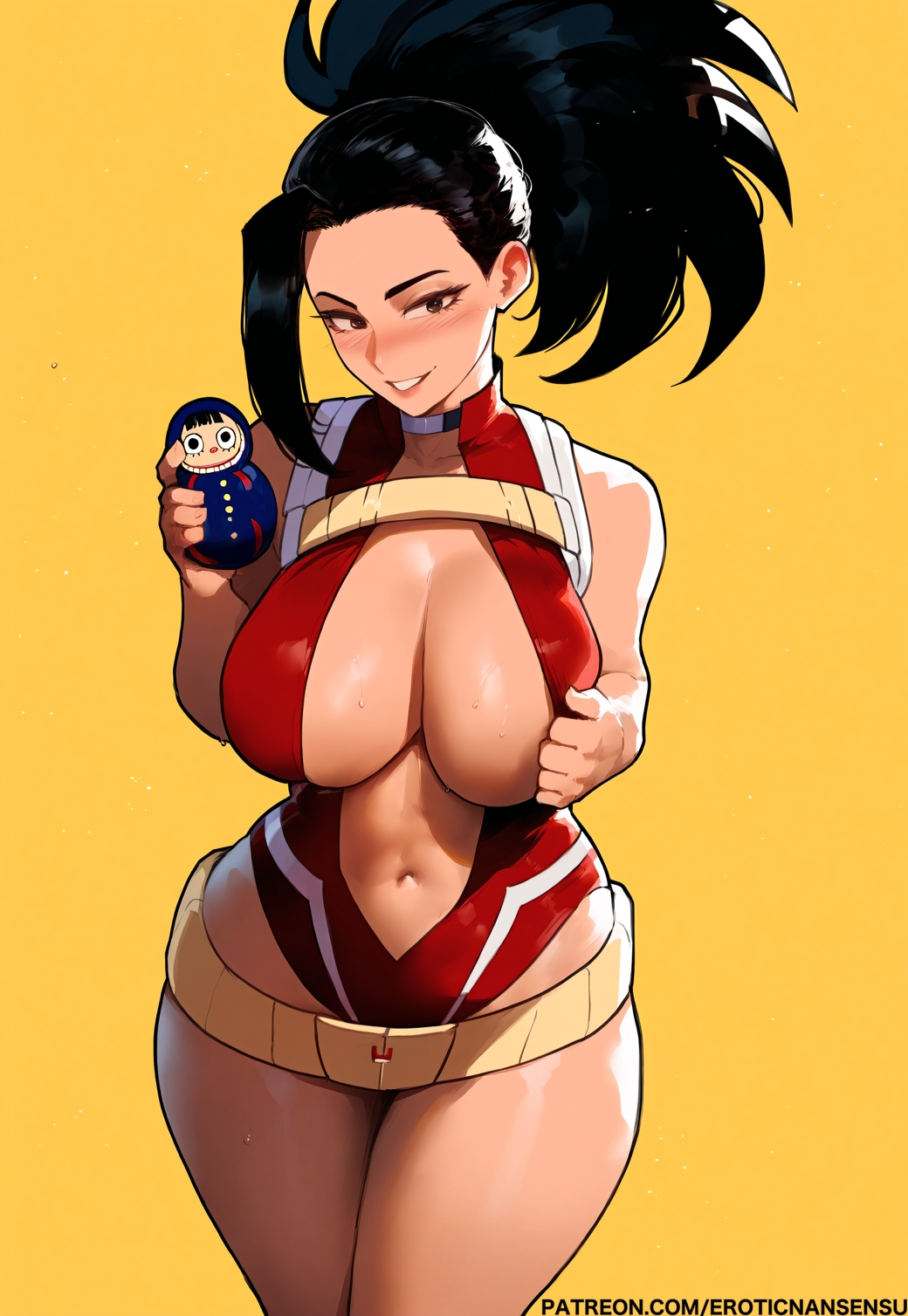 1girls, 2025, 2d, 2d (artwork), ai assisted, ai generated, artist name, big breasts, big tits, black eyes, black hair, black-haired female, boku no hero academia, breasts, cleavage, color, curvaceous teenager, curvy, digital drawing (artwork), erotic nansensu, female, female focus, female only, large breasts, light skin, light-skinned female, looking at viewer, midriff, momo yaoyorozu, my hero academia, patreon username, plunging neckline, pornstar body, solo, teenage female, teenager, thick thighs, thighs, voluptuous teenager, watermark, wide hips