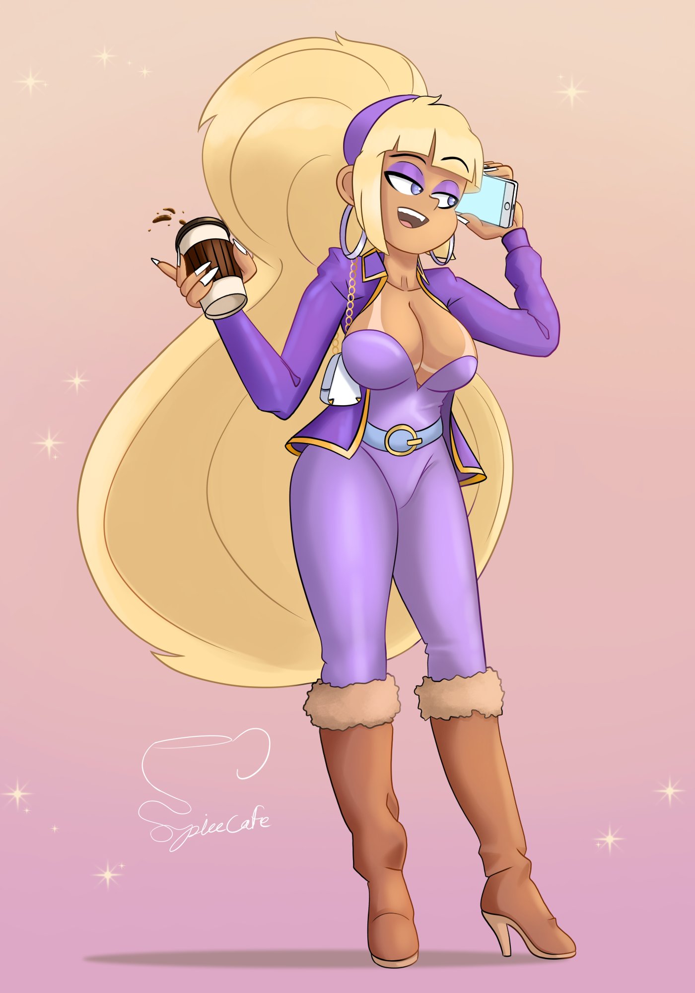 1girls, aged up, art trade, bangs, belt, bending forward, big breasts, big hair, bigdad, blonde hair, blue eyes, blunt bangs, bodysuit, boots, bouffant, bouffant hair, breasts, catsuit, clothed, clothing, color, cropped jacket, curvy, darnact, disney, earrings, enjoying, female, female focus, female only, full body, fur-trimmed boots, gravity falls, hairband, high heel boots, high heels, huge breasts, human, light skin, light-skinned female, long hair, long legs, looking at viewer, looking pleasured, no bra, pacifica northwest, pink background, pointing, pointing at viewer, posing, purple clothing, purple jacket, smile, solo, solo female, spiceboyartcafe, straight, tan body, tan-skinned female, tanline, tanlines, tease, teasing, thick thighs, thin waist, very long hair, violet clothing, waist belt, waist grab, zipper, zipper down