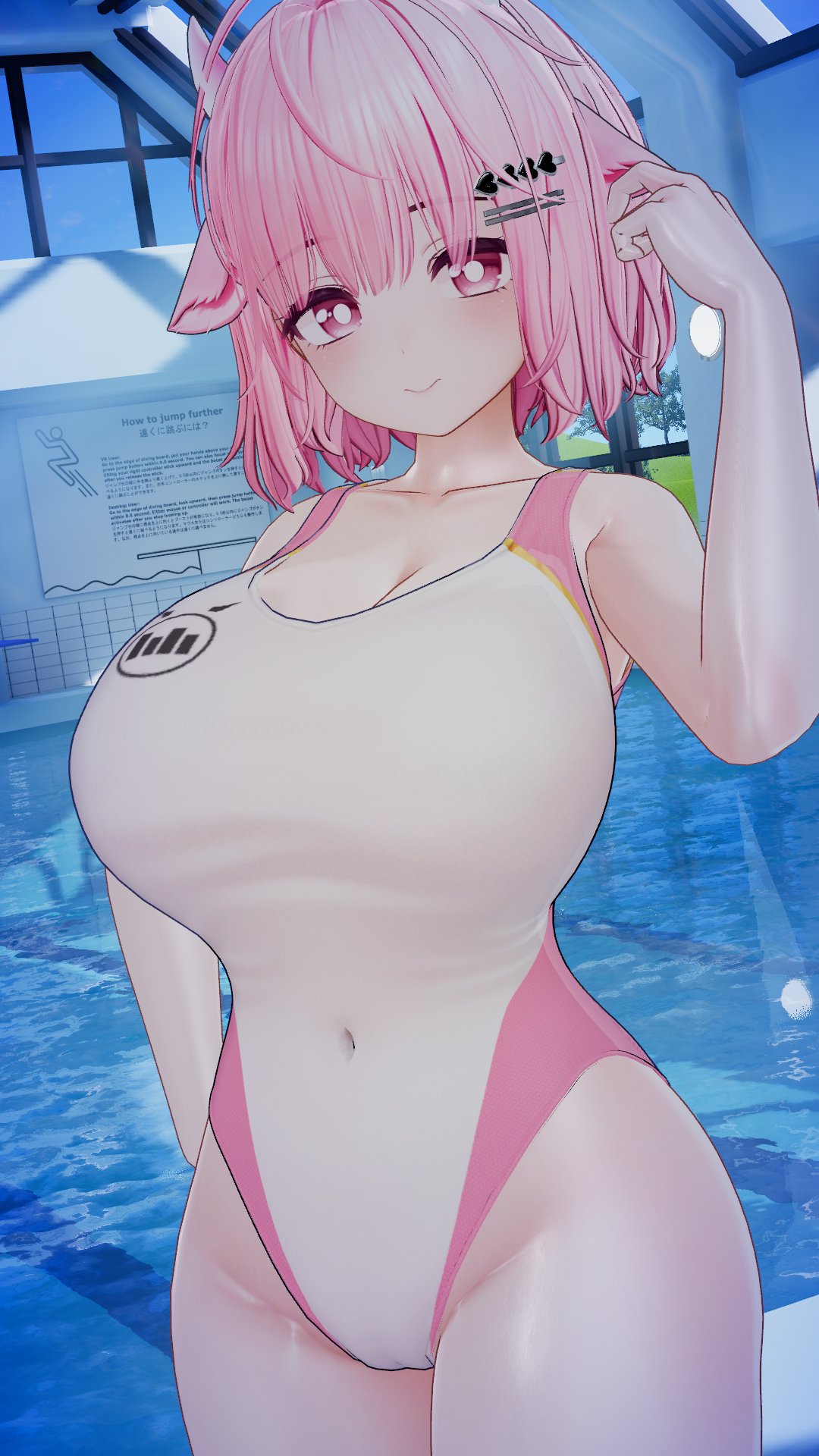 3d 3d_(artwork) 3d_model big_breasts english_text hand_on_hair hand_on_hip hourglass_figure japanese_text light-skinned light-skinned_female light_skin light_skinned light_skinned_female looking_at_viewer original original_character pink_eyes pink_hair sign smile smiling smiling_at_viewer swimming_pool swimsuit ug_vrc vrchat vrchat_avatar vrchat_media vrchat_model water white-skinned_female white_skin white_skinned_female