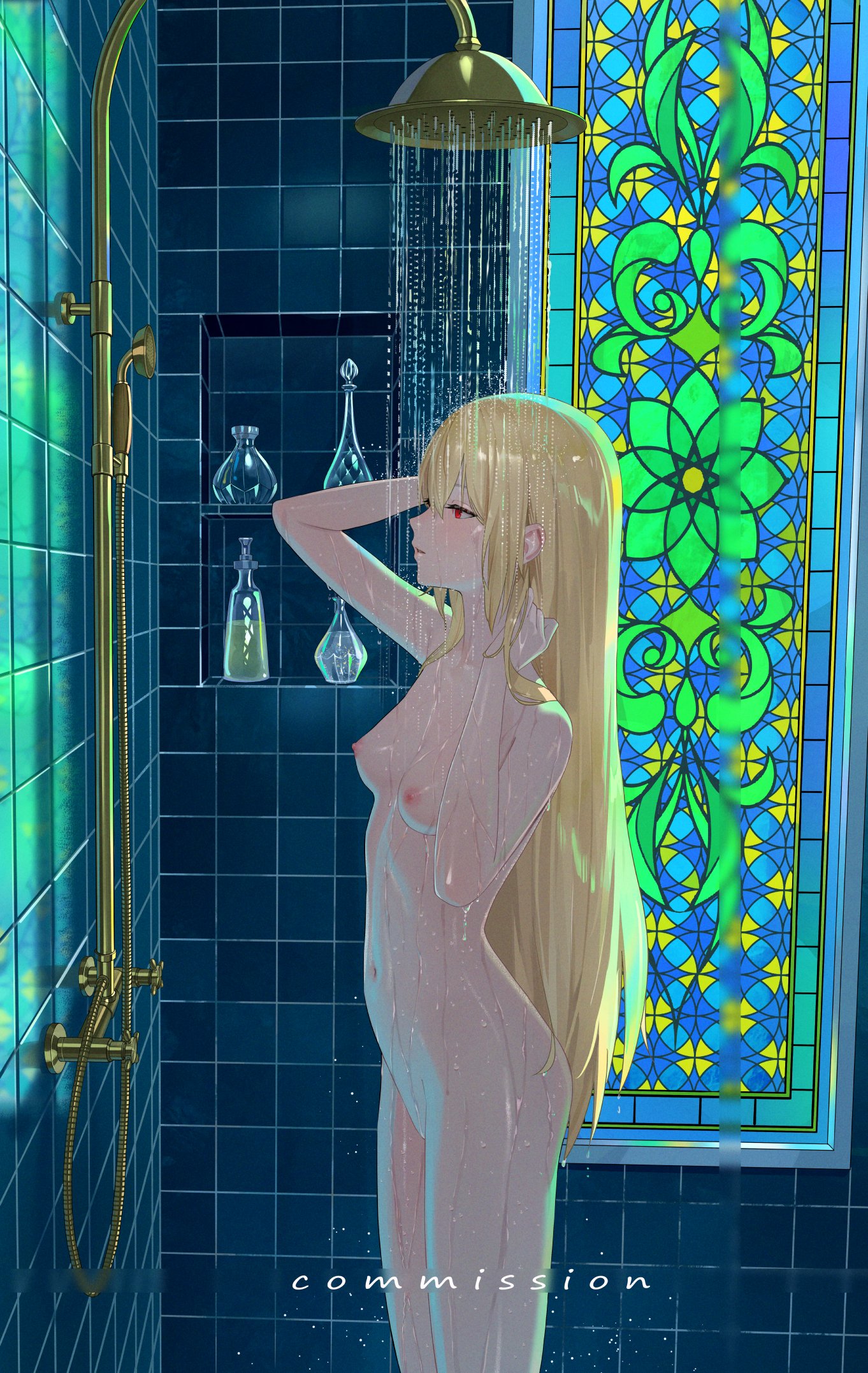 1girls, areolae, bathroom, belly, blonde hair, breasts, completely nude, drid, exposed breasts, eyelashes, female, female only, hairless pussy, highres, indoors, legs, light skin, light-skinned female, long hair, naked, navel, nipples, nose, nude, original character, parted lips, pussy, red eyes, shaved pussy, shower, showering, sidelocks, small breasts, solo, standing, stomach, thighs, waist, washing hair, water, wet, wet hair, wet skin