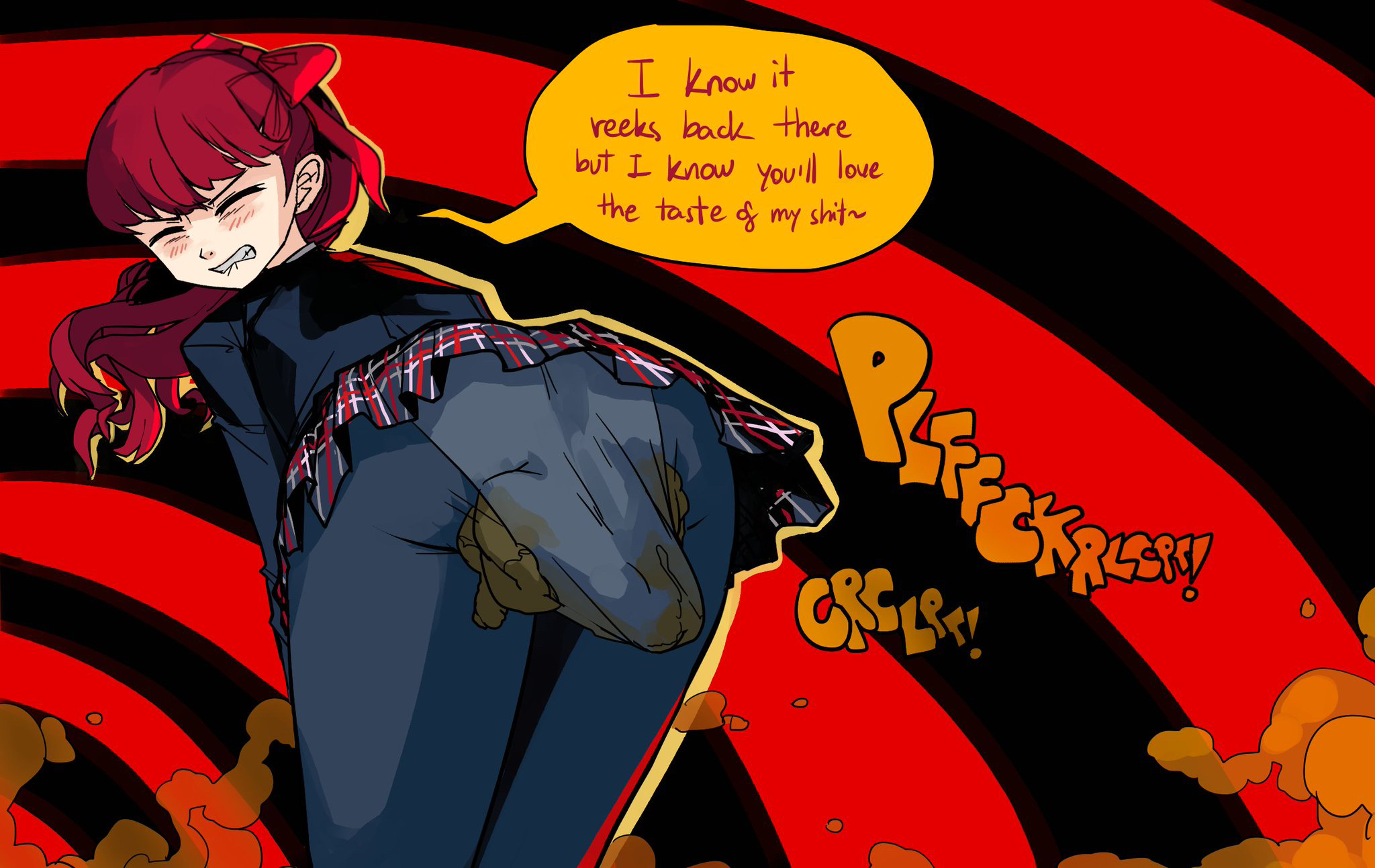 fart, female, from behind, kasumi yoshizawa, messing, panty poop, pantyhose, persona, persona 5, persona 5 royal, red hair, scat, soiling, usagaijin