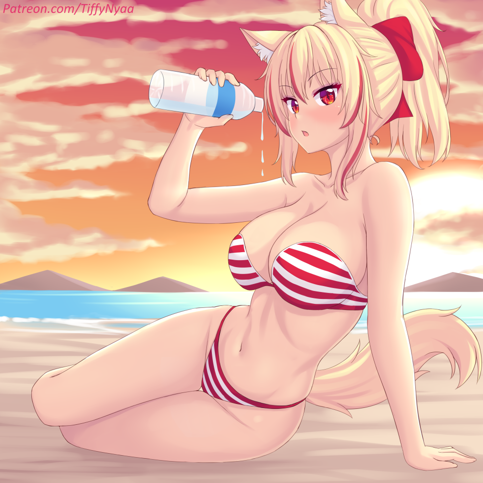 1girls, beach, beach background, bikini, blonde hair, cat ears, cat girl, cat tail, catgirl, female, female focus, female only, looking at viewer, original, patreon, patreon username, ponytail, red bow, red eyes, red highlights, solo, solo female, sunset, tiffy, tiffynyaa, twitter, twitter link, two-tone bikini, water bottle