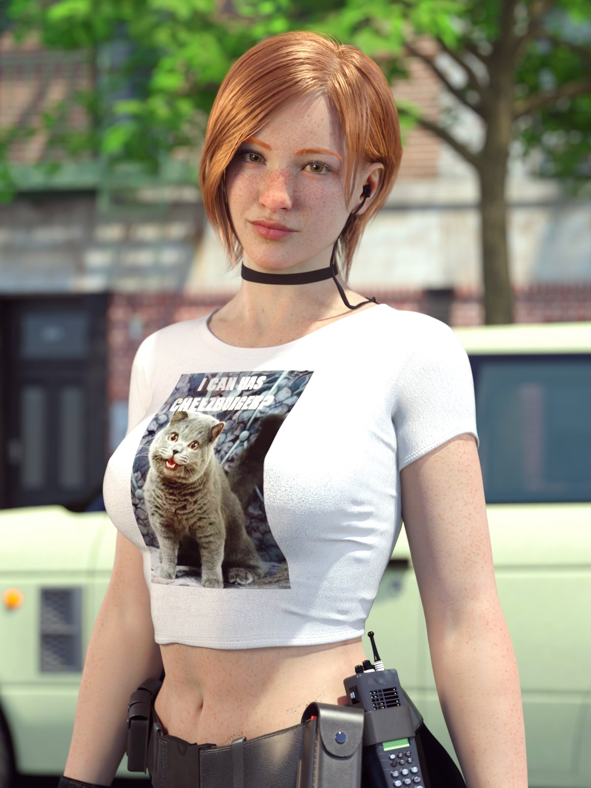 1girls, 3d, big breasts, breasts, bust, busty, chest, choker, clothed, clothing, curvaceous, curvy, curvy figure, english text, female, freckles, ginger, ginger hair, hips, hourglass figure, legs, light skin, light-skinned female, mature, mature female, morgan tylle (word2), original, original character, public, radio, red hair, redhead, redhead female, shirt, slim waist, text on clothing, text on shirt, text on topwear, word2