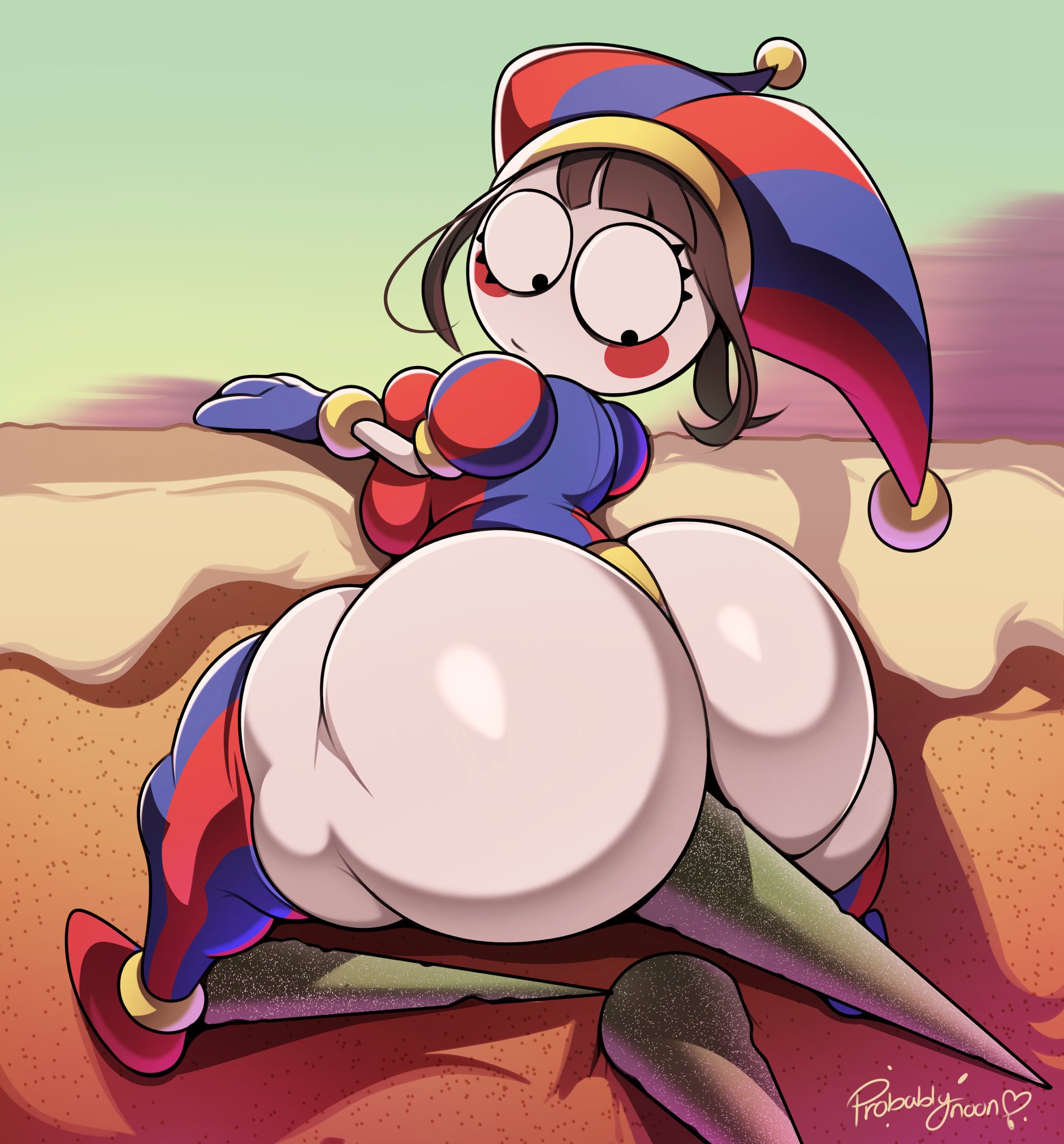 action pose, ass, big ass, cartoony, climbing, clown girl, comedy, exposed cheeks, female, glitch productions, hair, poker face, pomni, pomni (the amazing digital circus), probablynoon, scared expression, scared face, shiny skin, spikes, the amazing digital circus, white skin, wind, yellow panties