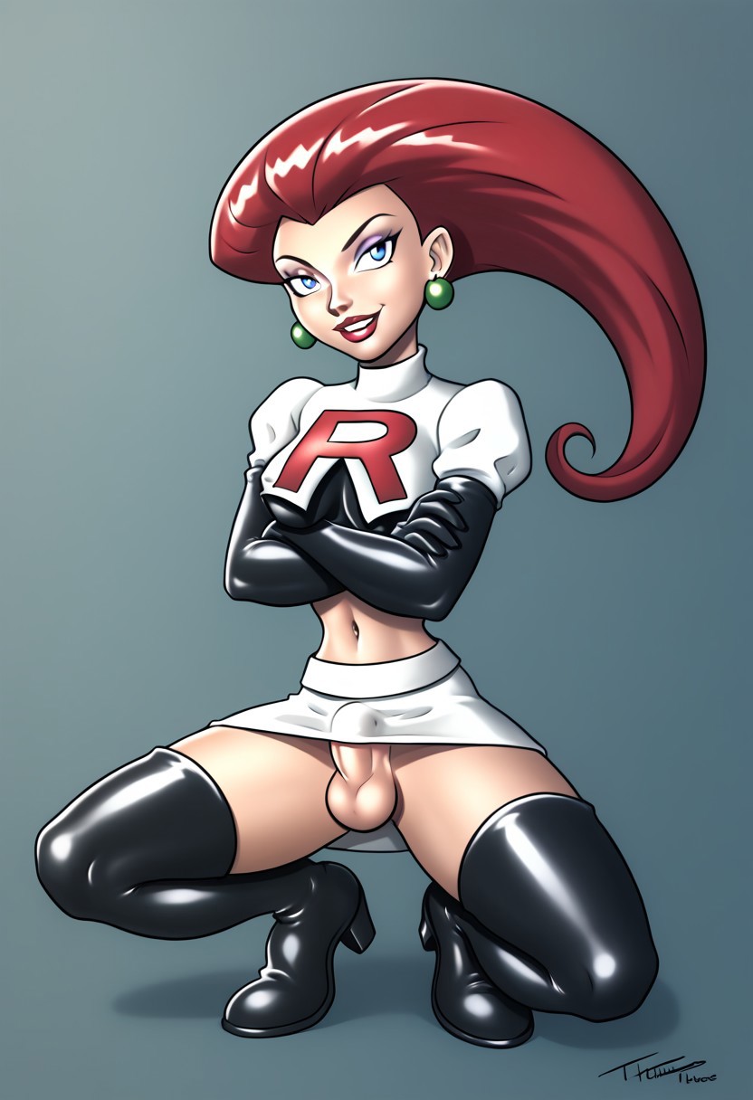 1futa ai_generated balls bulge civitai dtiberius_(style) futa_only futanari intersex jessie_(pokemon) nipple_bulge penis penis_under_skirt pokemon solo solo_futa squatting