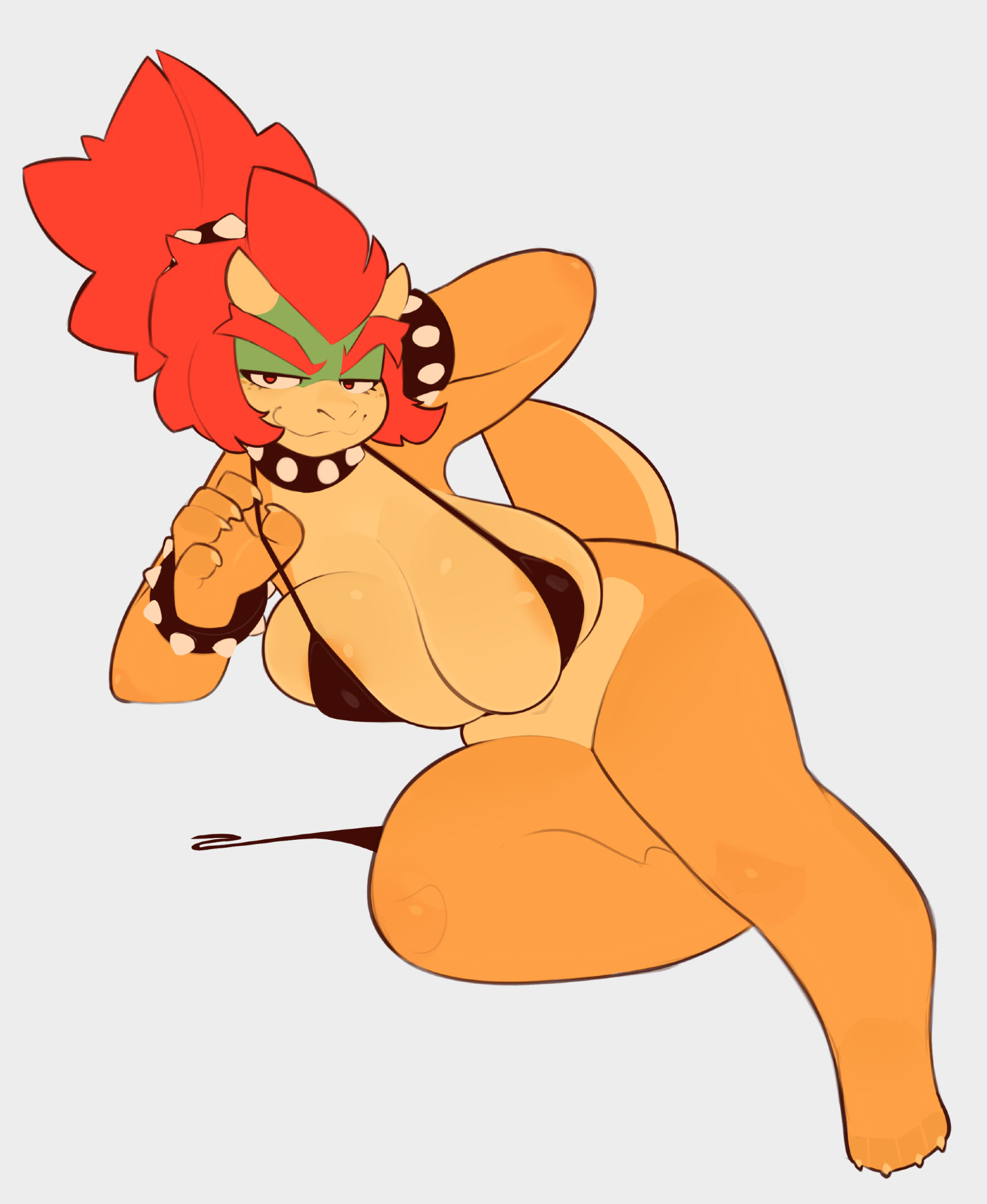 1girls, anthro, arm behind head, big breasts, bikini, bikini bottom, bikini bottom removed, bikini top, bowser, breasts, clothing, collar, female, female bowser, female only, furry, furry female, furry only, genderswap, genderswap (mtf), hair, horns, koopa, large breasts, mario (series), mature, mature anthro, mature female, mostly nude, nintendo, payanuma, pulling bikini string, red hair, reptile, rule 63, scalie, smiling, solo, solo female, tail, voluptuous, voluptuous female, white background