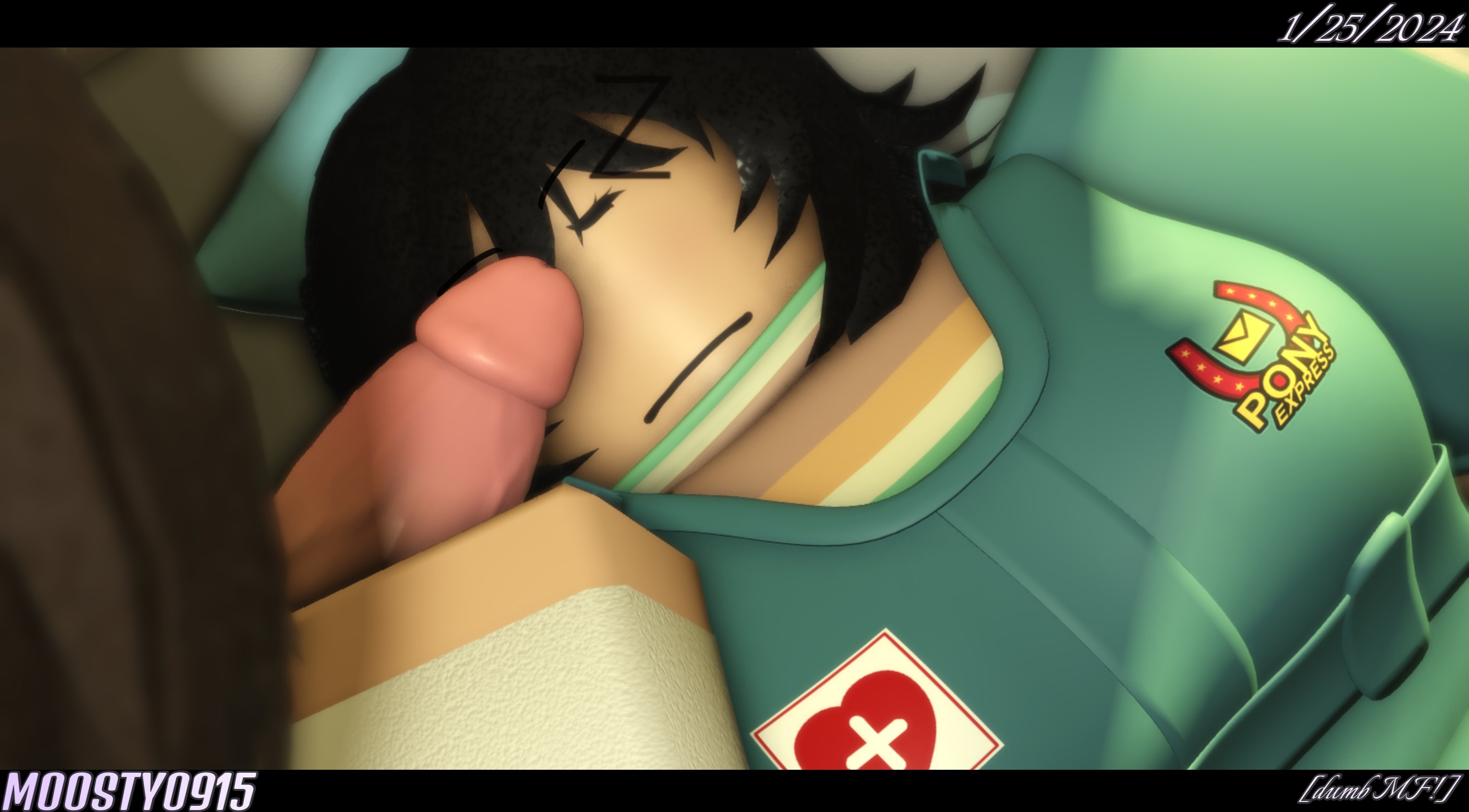 1boy, 1girls, 2024, 3d, anya (mouthwashing), big breasts, big penis, black hair, blue clothing, blue jumpsuit, blue sleeves, breasts, canonical rape, close-up, closed eyes, clothed, clothed female, clothed male, clothing, dated, discord tag, female, female focus, jimmy (mouthwashing), jumpsuit, letterbox, letterboxed, light skin, light-skinned female, light-skinned male, long sleeves, male, moosty, mouthwashing, pale skin, pale-skinned female, pale-skinned male, penis, penis out, penis over eyes, roblox, robloxian, short hair, sleep molestation, sleeping, sleeves, striped clothing, striped topwear, turtleneck, white sleeves