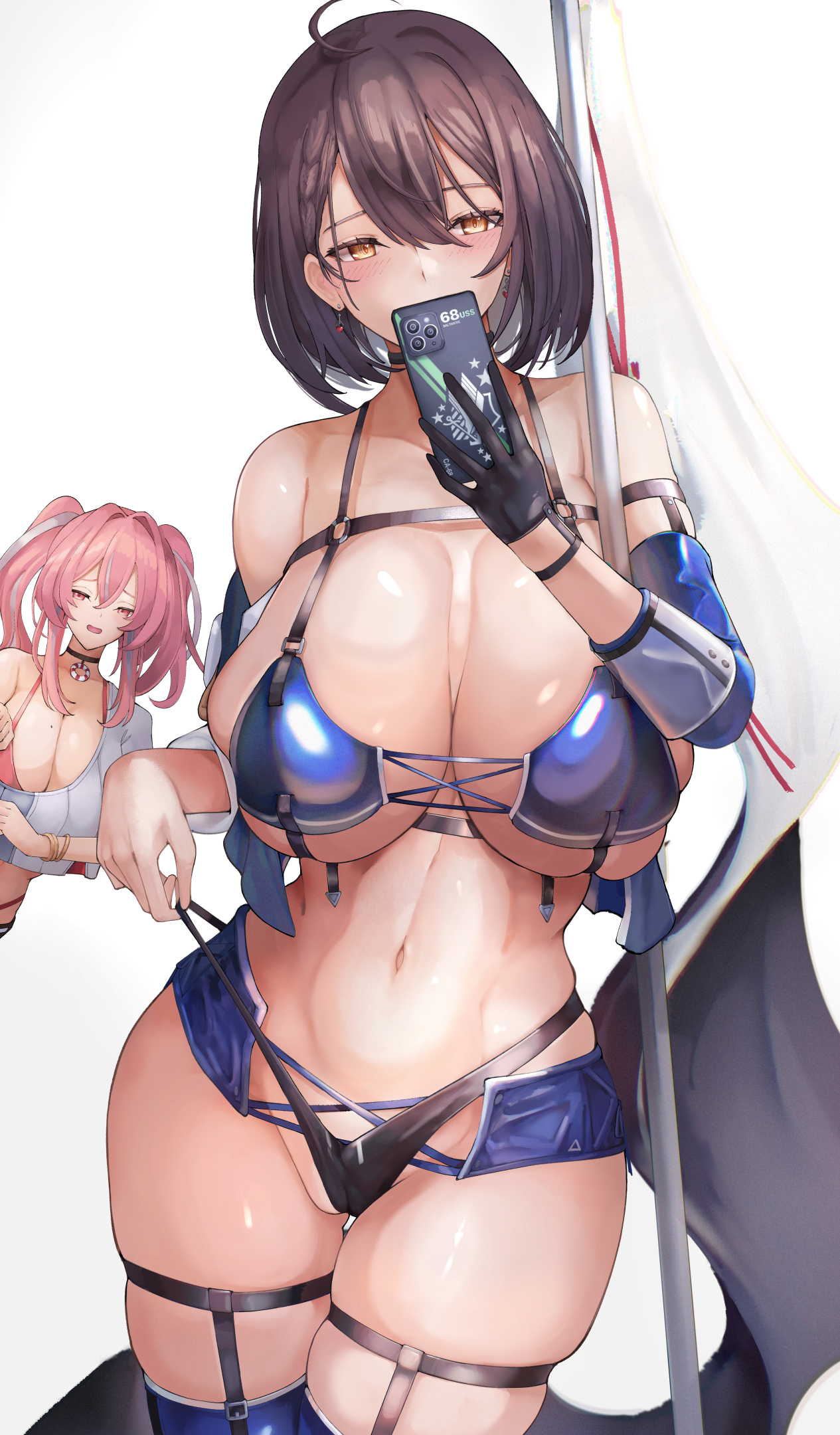 2girls, azur lane, baltimore (azur lane), baltimore (finish line flagbearer) (azur lane), belly button, black glove, black panties, blush, breasts, bremerton (azur lane), brown hair, cleavage, duo, eagle union (azur lane), female, female only, flag, glove, huge breasts, light skin, light-skinned female, looking at phone, panties, panties aside, phone, pink hair, race queen, revealing clothes, skimpy clothes, skindentation, smartphone, solo focus, twintails, yellow eyes, yusha (m-gata)