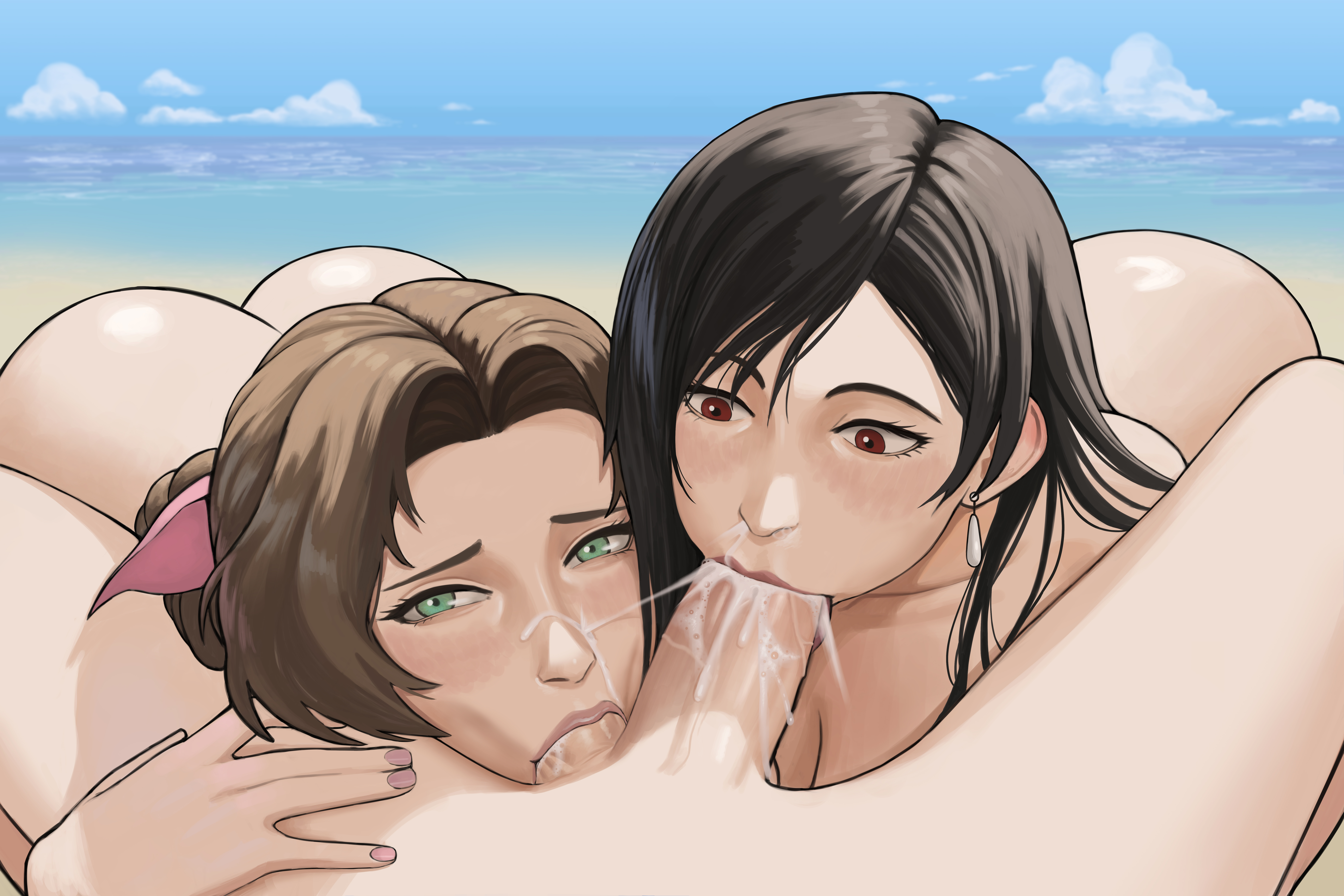 1boy, 2girls, black hair, black-haired female, breasts, brown hair, brown-haired female, female, final fantasy, gud0c, male, penis, threesome, tifa lockhart, tits out
