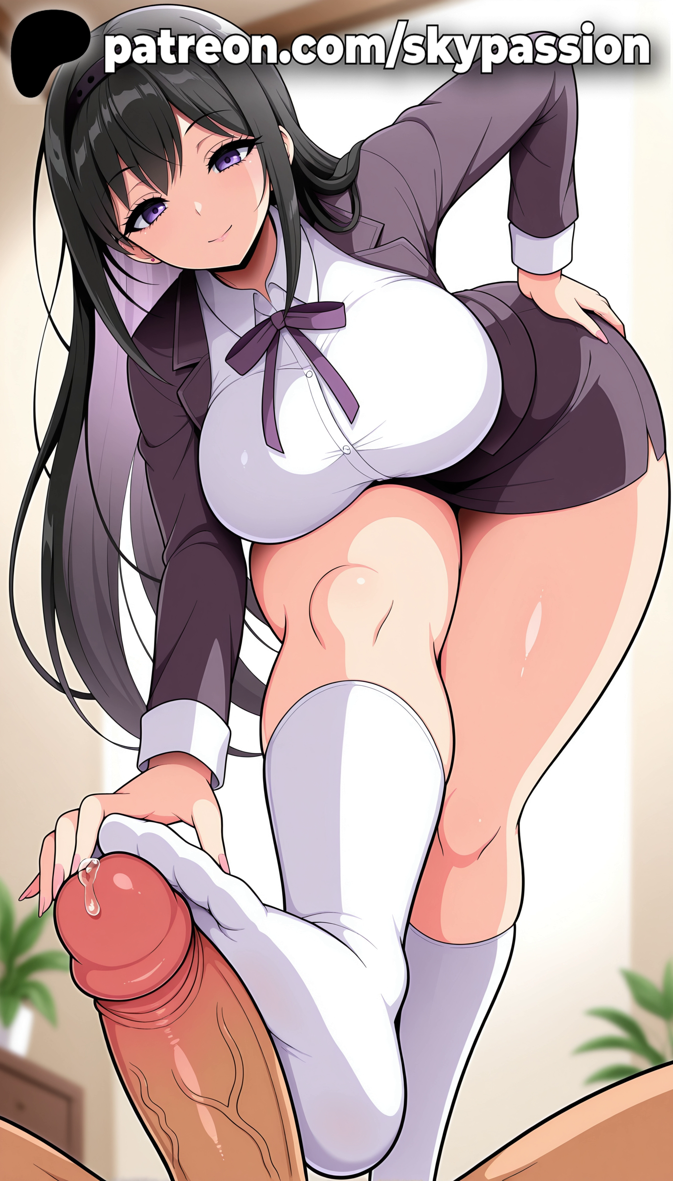 1boy, 1girls, 2025, ai assisted, ai generated, akemi homura, anime, artist name, balls, big breasts, big chest, big penis, black hair, blurry, blush, breasts, bust, busty, chest, clothed breasts, clothed female, clothed female nude male, cock, cum, dick, erection, feet, feet fetish, female, femdom, foot fetish, foot play, footjob, hand on hip, hi res, high quality, high resolution, highres, kneehighs, large breasts, large penis, long hair, mahou shoujo madoka magica, male, nude, patreon, patreon username, penis, plant, potted plant, pov, precum, puella magi madoka magica, purple eyes, shirt, skirt, skypassion, smile, smug, socks, solo focus, stable diffusion, straight, testicles, thighs, toejob, uncensored, veins, veiny penis, watermark