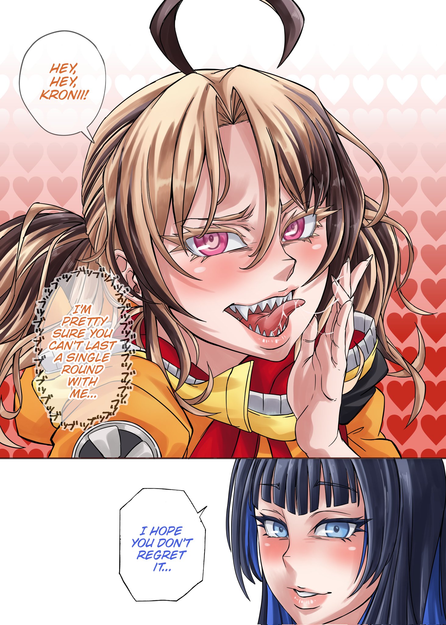 1futa, 1girls, dialogue, dickgirl, female, futa on female, futanari, gigi murin, gigi murin (1st costume), gradient background, heart, heart background, hololive, hololive english, hololive english -justice-, intersex, mclovinart1, ouro kronii, speech bubble, text, tongue out, virtual youtuber
